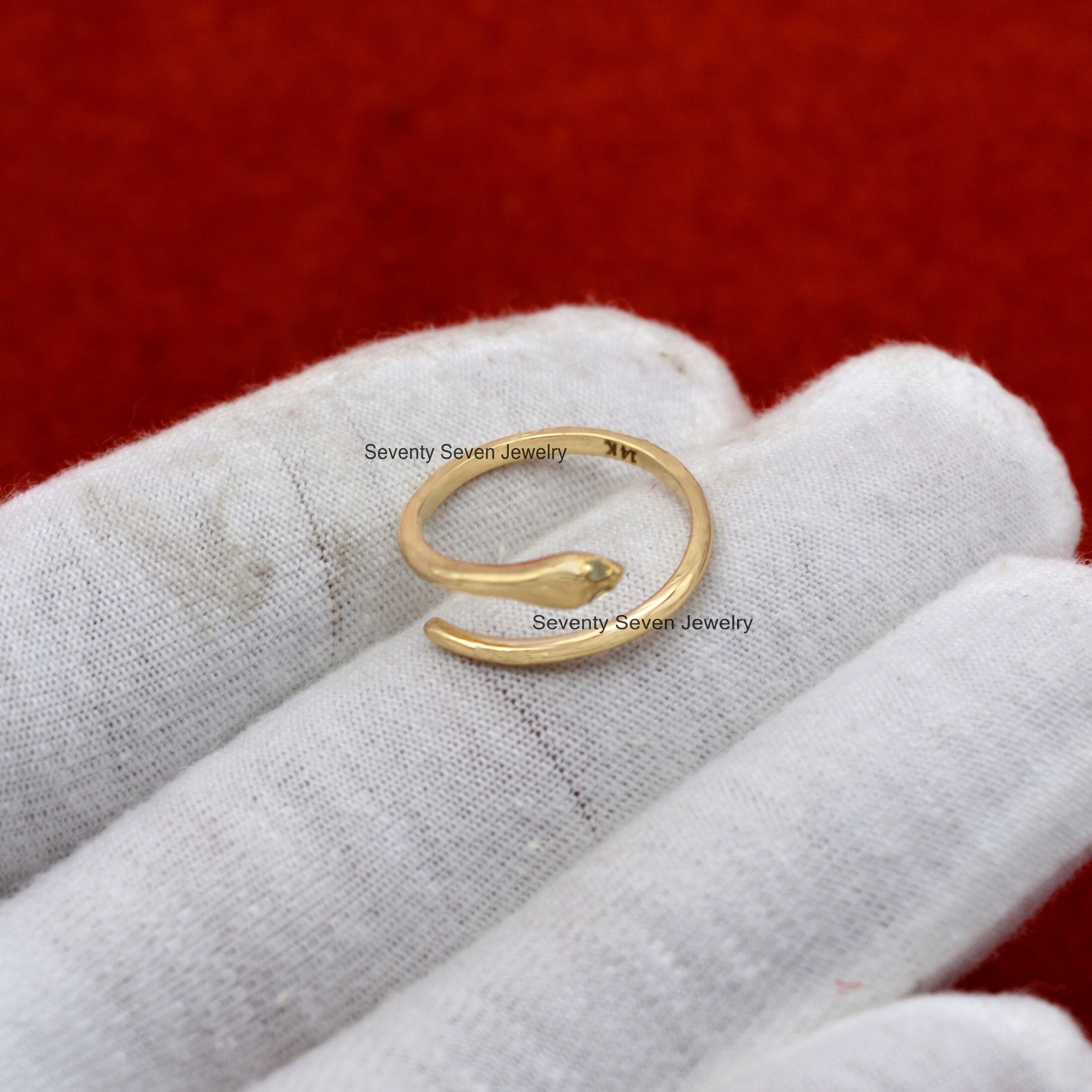 9k Gold Emerald Snake Ring: Dainty Serpent Stacking Band - View 7 - Seventy Seven Jewelry | SKU: SSMJR03-9KYGDI-2026 9k Gold Emerald Snake Ring: Dainty Serpent Stacking Band - View 7 - Seventy Seven Jewelry | SKU: SSMJR03-9KYGDI-2026