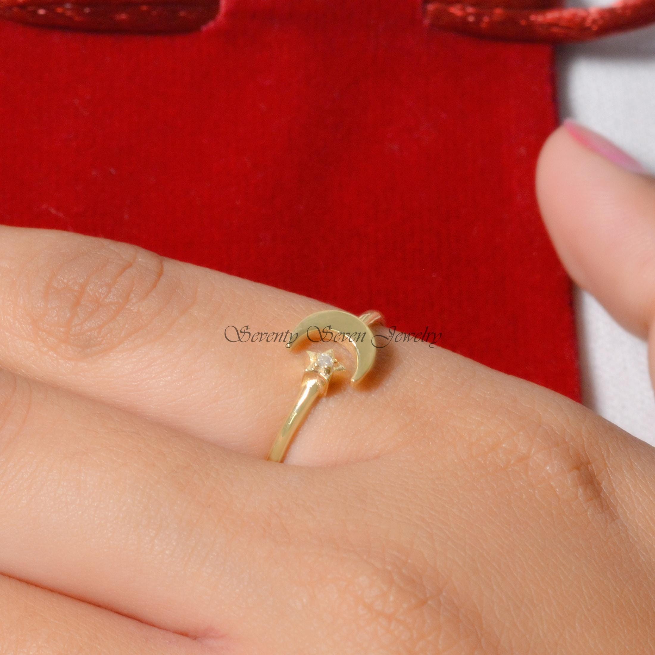 14k Gold Diamond Moon and Star Ring: Adjustable Celestial Jewelry - View 2 - Seventy Seven Jewelry | SKU: SSMJR628-14KYGDI-20 14k Gold Diamond Moon and Star Ring: Adjustable Celestial Jewelry - View 2 - Seventy Seven Jewelry | SKU: SSMJR628-14KYGDI-20