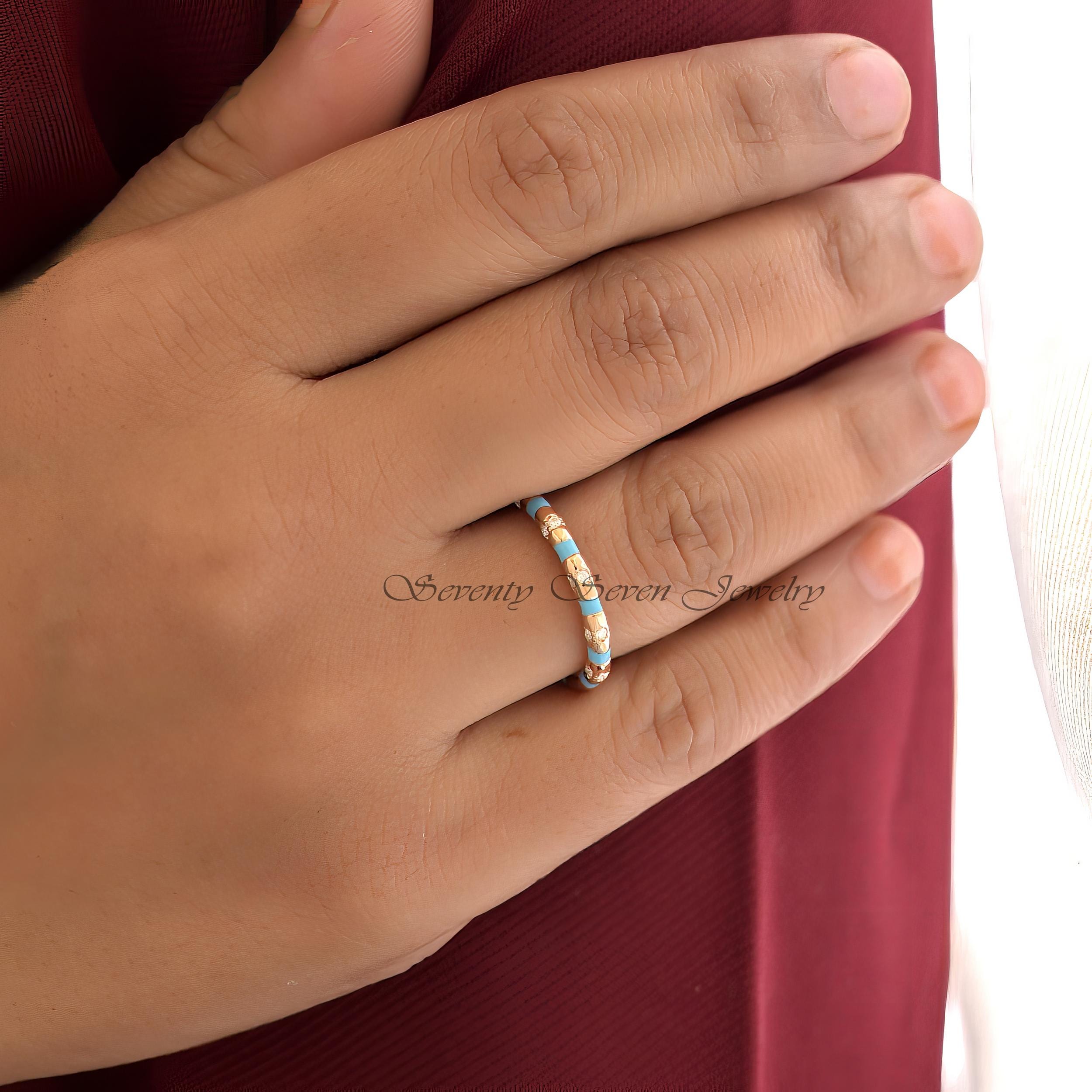 Sterling Silver Moissanite Enamel Band Ring, Colorful Stackable Wedding Jewelry - View 6 - Seventy Seven Jewelry | SKU: SSMJR Sterling Silver Moissanite Enamel Band Ring, Colorful Stackable Wedding Jewelry - View 6 - Seventy Seven Jewelry | SKU: SSMJR