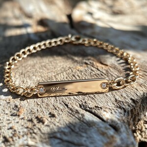 14K Gold Plated Moissanite Name Bracelet: Custom Engraved Bar