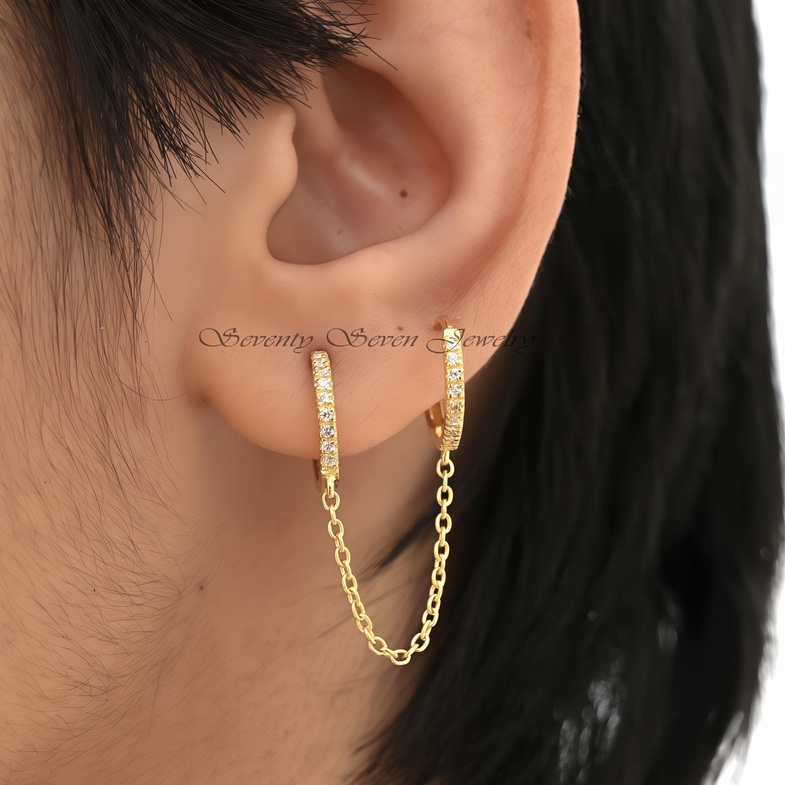 14K Gold Moissanite Chain Hoop Huggies: Dangle Earrings - View 4 - Seventy Seven Jewelry | SKU: SSMJE1709-SLYGCZ-11M-2026 14K Gold Moissanite Chain Hoop Huggies: Dangle Earrings - View 4 - Seventy Seven Jewelry | SKU: SSMJE1709-SLYGCZ-11M-2026