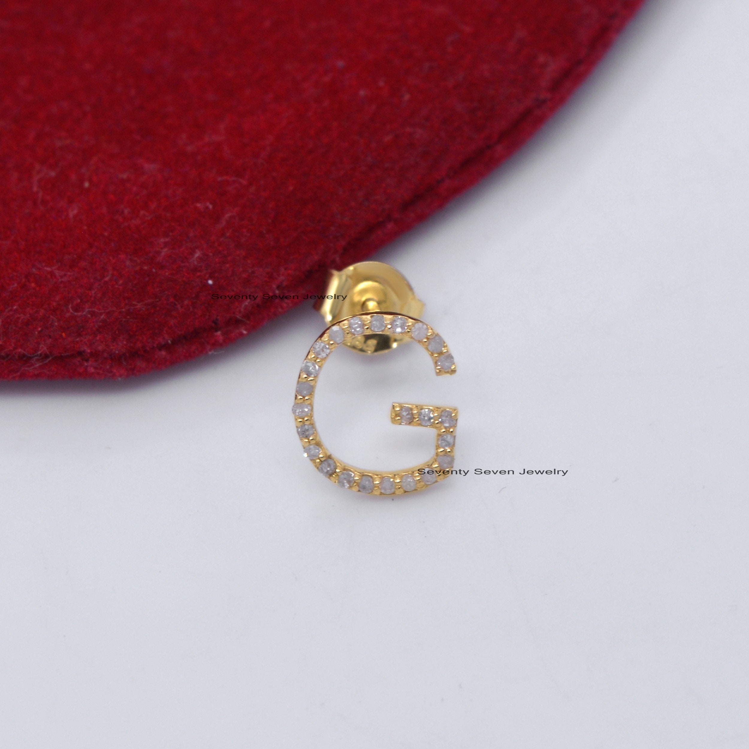 14K Gold Diamond Initial Stud Earrings: Pave Letter Studs - View 4 - Seventy Seven Jewelry | SKU: SSMJE323A-14KYGDI-V-25-07-2 14K Gold Diamond Initial Stud Earrings: Pave Letter Studs - View 4 - Seventy Seven Jewelry | SKU: SSMJE323A-14KYGDI-V-25-07-2