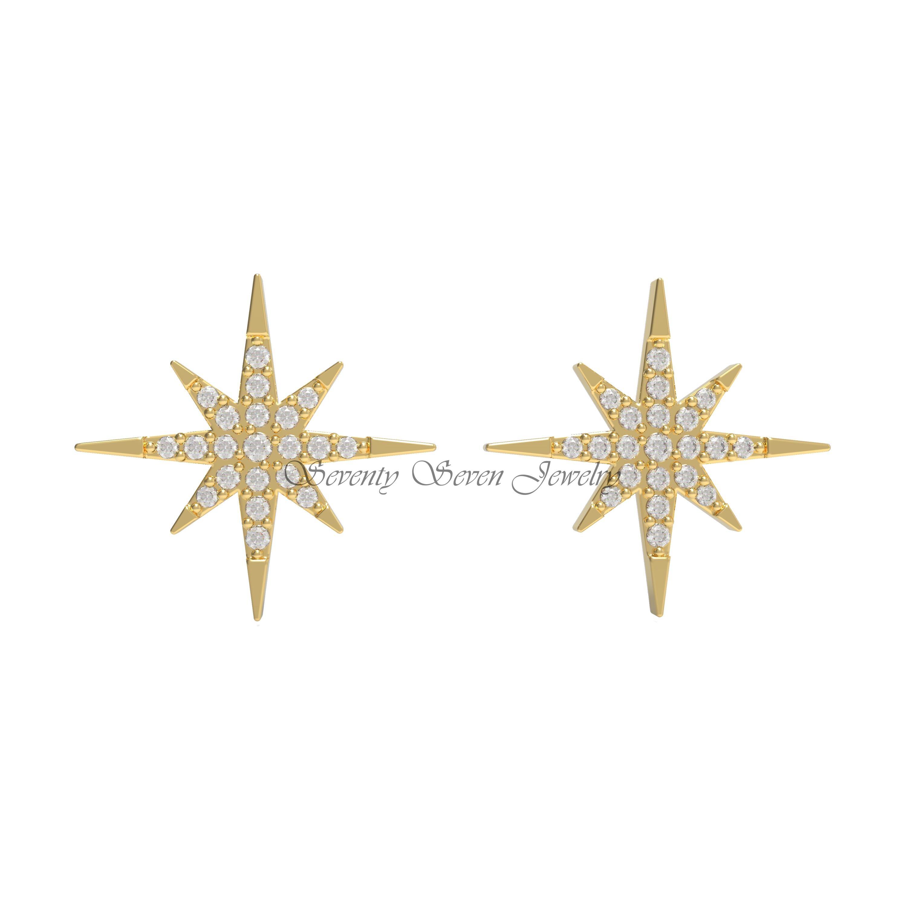 14k Gold Diamond Starburst Stud Earrings, Tiny 12mm Jewelry - Seventy Seven Jewelry | SKU: SSMJE325-14KYGDI 14k Gold Diamond Starburst Stud Earrings, Tiny 12mm Jewelry - Seventy Seven Jewelry | SKU: SSMJE325-14KYGDI
