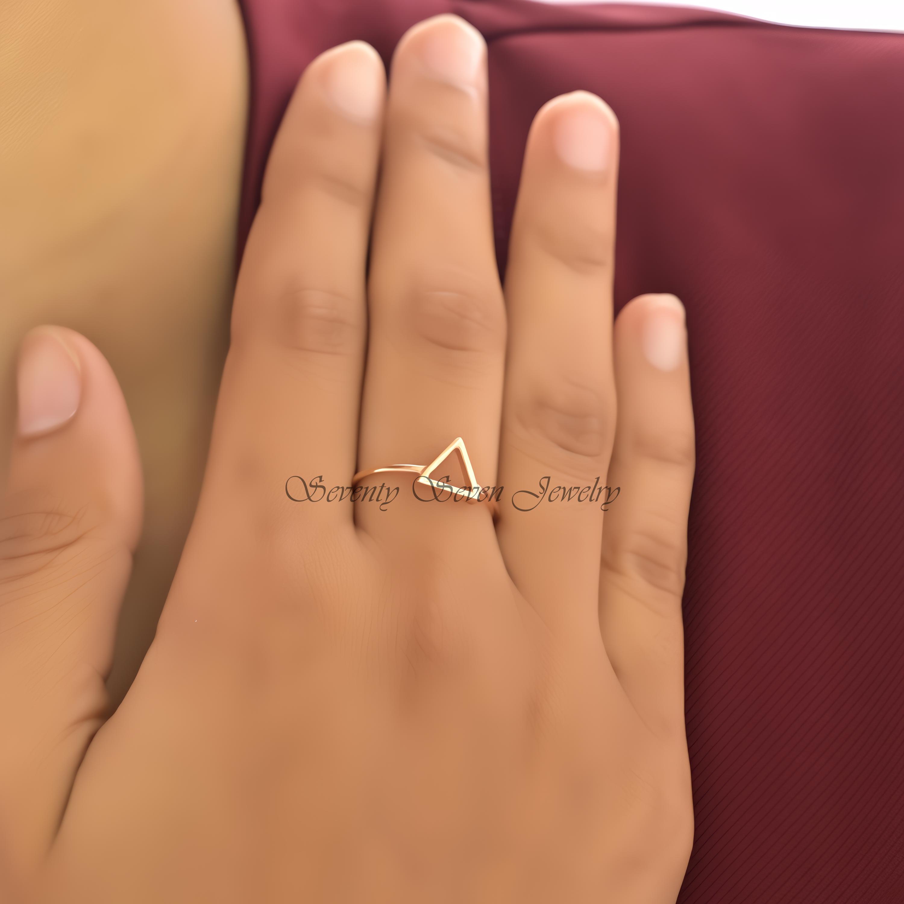 14k Solid Gold Triangle Ring: Geometric Boho Jewelry - View 2 - Seventy Seven Jewelry | SKU: SSMJR09-14KYG-2026 14k Solid Gold Triangle Ring: Geometric Boho Jewelry - View 2 - Seventy Seven Jewelry | SKU: SSMJR09-14KYG-2026