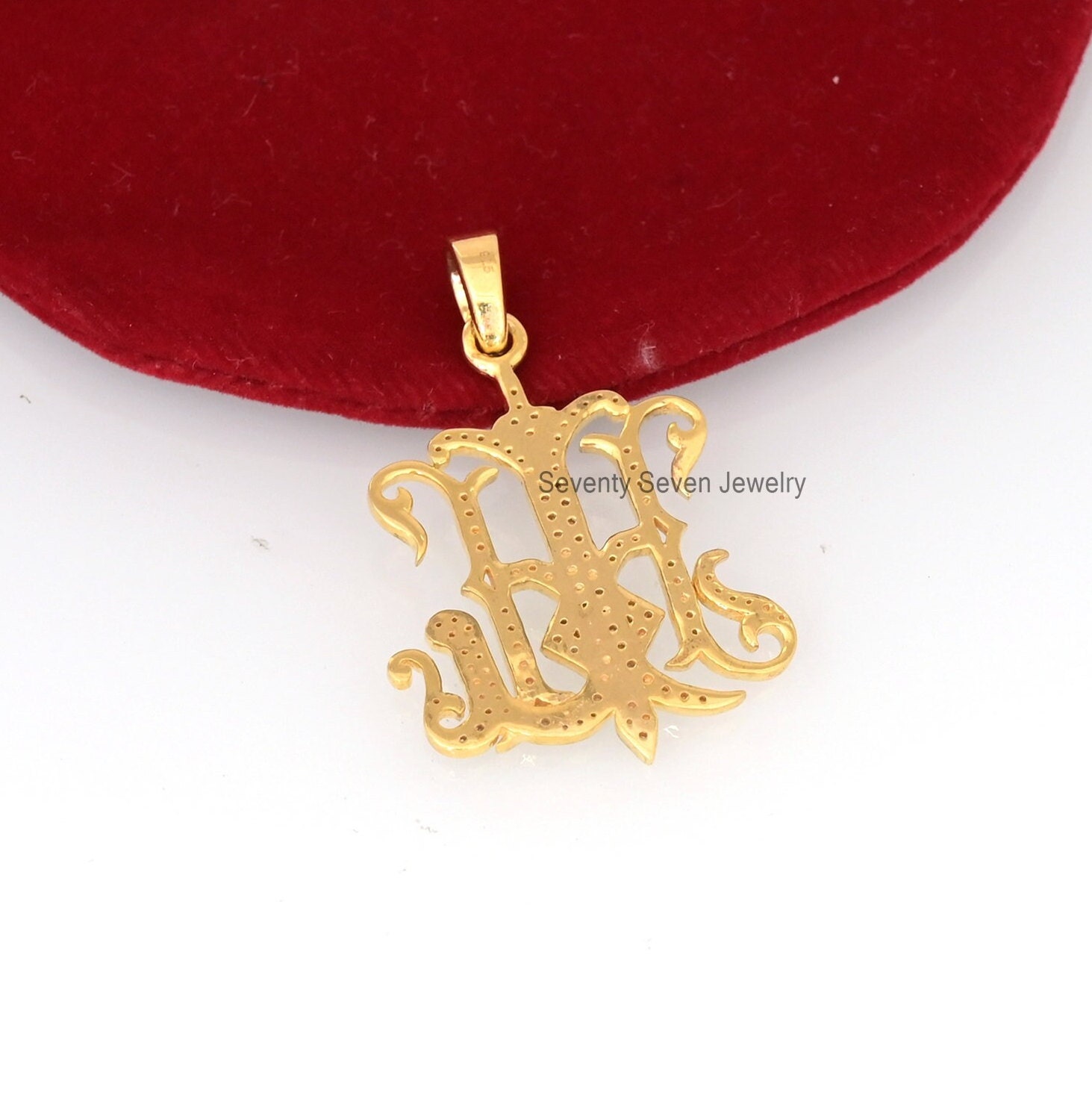 Gold Plated Sterling Silver Diamond Monogram Pendant - Custom 2 Letter Initial - View 5 - Seventy Seven Jewelry | SKU: SSMJP4 Gold Plated Sterling Silver Diamond Monogram Pendant - Custom 2 Letter Initial - View 5 - Seventy Seven Jewelry | SKU: SSMJP4