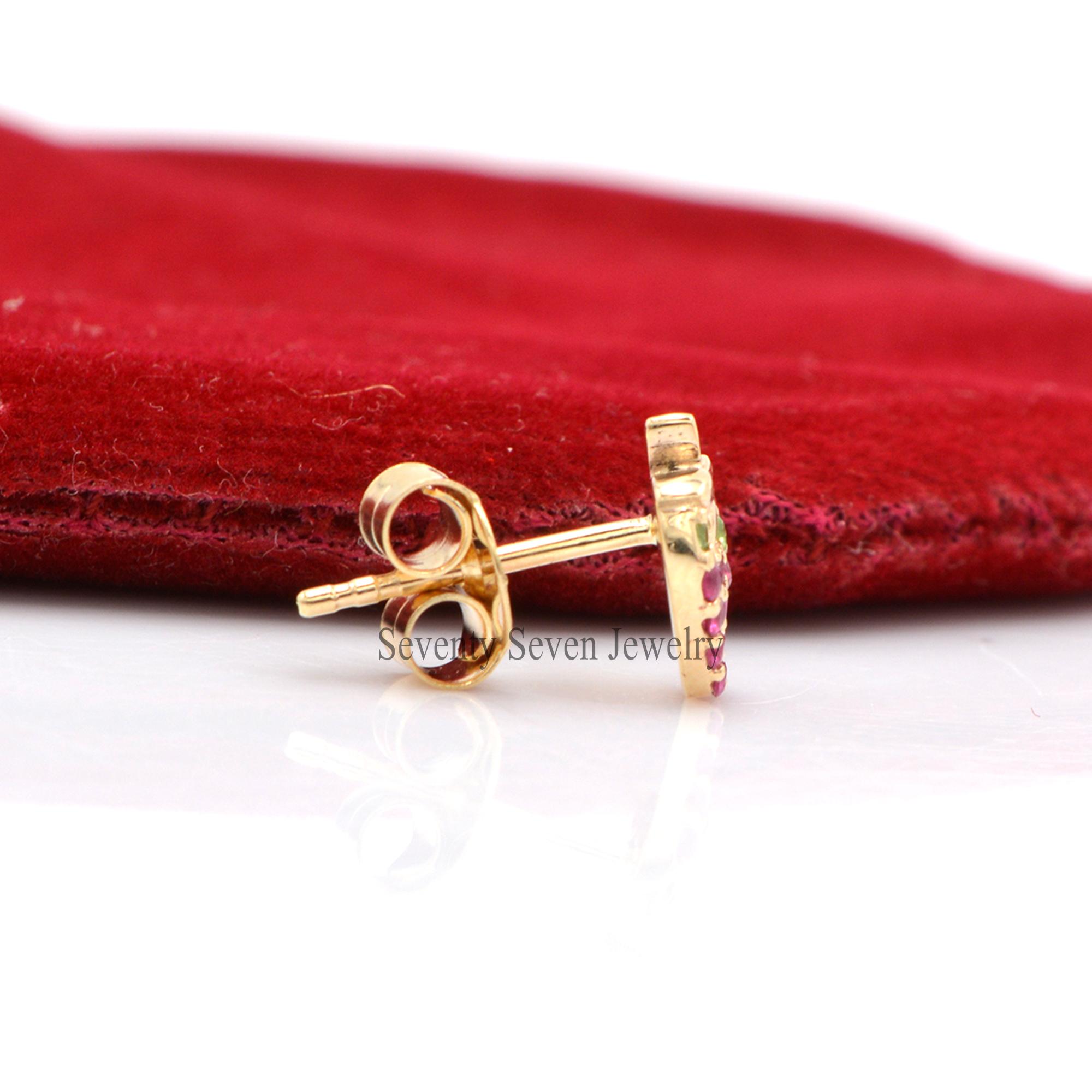14k Gold Strawberry Studs: Ruby & Emerald Berry Earrings - View 6 - Seventy Seven Jewelry | SKU: SSMJE892-14KYGEMRU-2026 14k Gold Strawberry Studs: Ruby & Emerald Berry Earrings - View 6 - Seventy Seven Jewelry | SKU: SSMJE892-14KYGEMRU-2026
