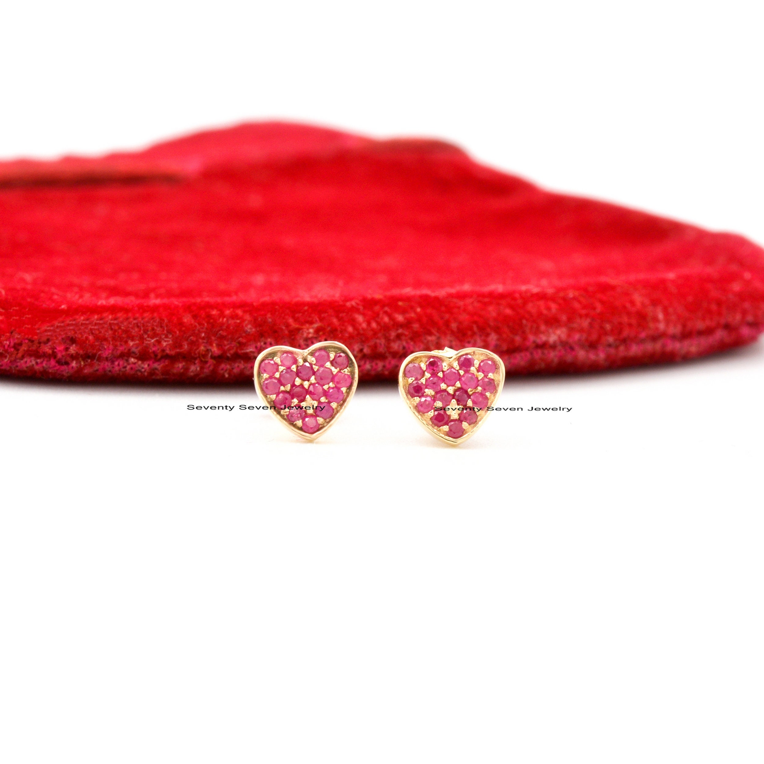 14K Gold Diamond Heart Studs: Minimalist Gemstone Earrings (6MM) - View 3 - Seventy Seven Jewelry | SKU: SSMJE307-14KYGDI-202 14K Gold Diamond Heart Studs: Minimalist Gemstone Earrings (6MM) - View 3 - Seventy Seven Jewelry | SKU: SSMJE307-14KYGDI-202
