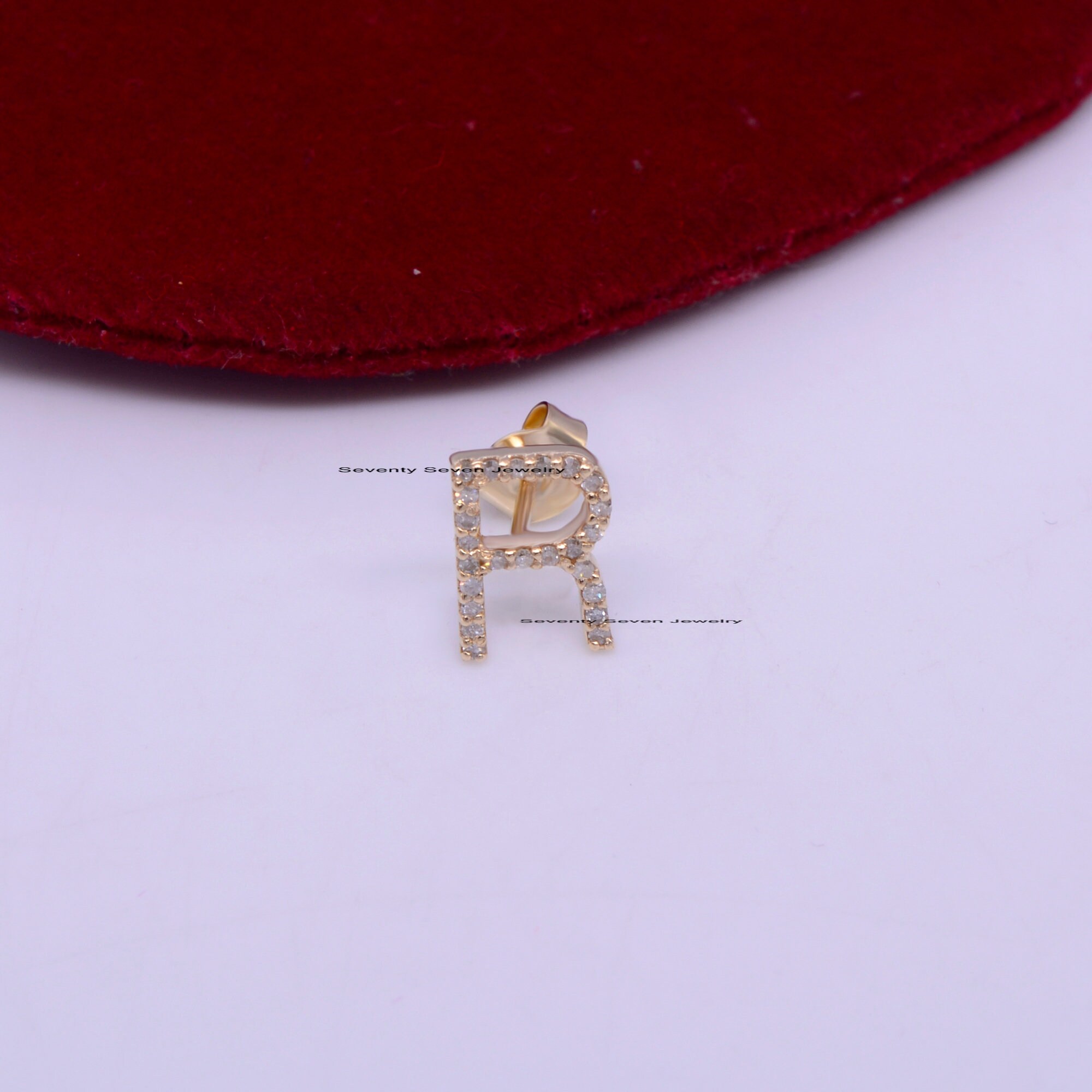 14K Gold Diamond Initial Stud Earrings: Pave Letter Studs - View 2 - Seventy Seven Jewelry | SKU: SSMJE323A-14KYGDI-V-25-07-2 14K Gold Diamond Initial Stud Earrings: Pave Letter Studs - View 2 - Seventy Seven Jewelry | SKU: SSMJE323A-14KYGDI-V-25-07-2