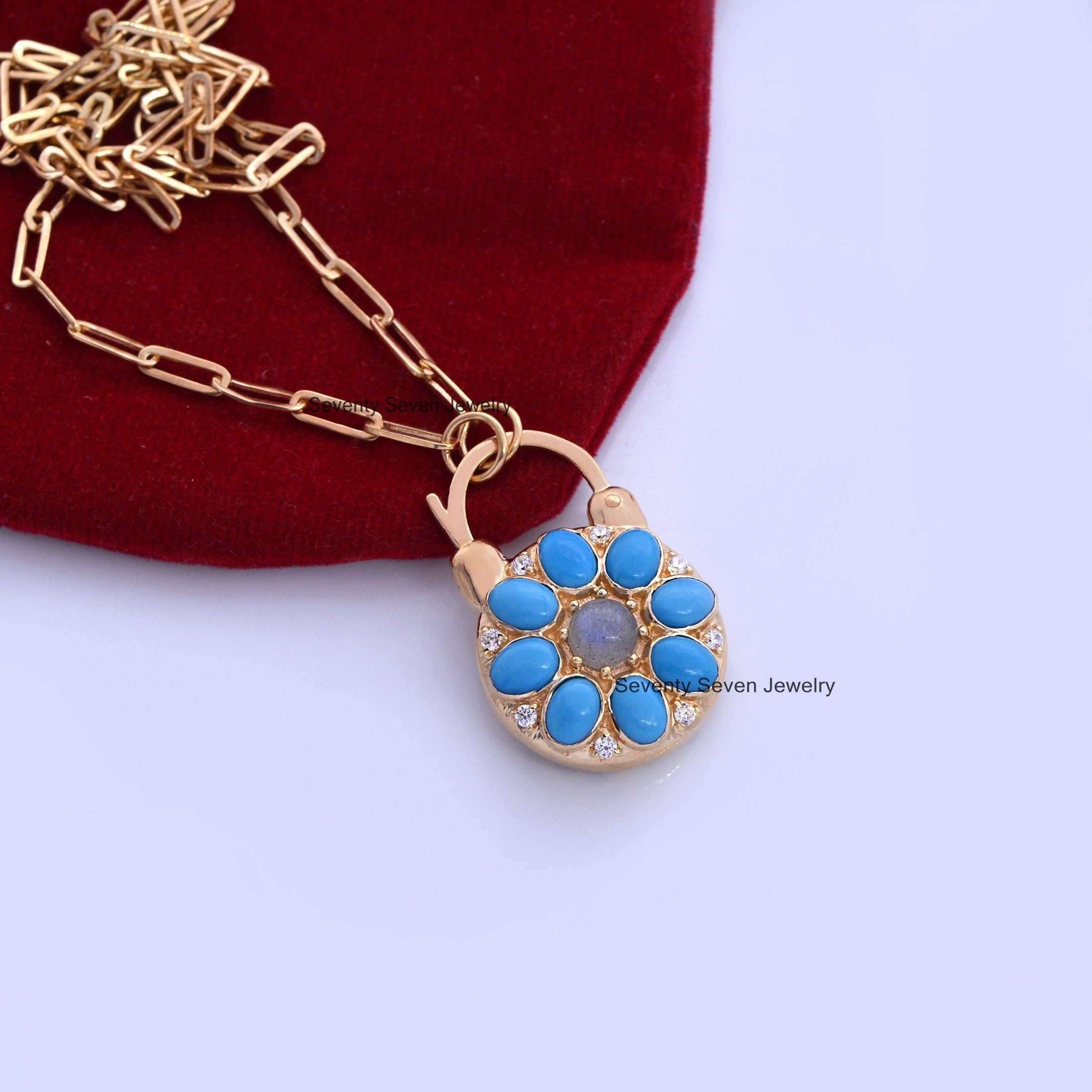 Turquoise Flower Padlock: 14K Gold Vermeil, 925 Silver Connector - View 3 - Seventy Seven Jewelry | SKU: SSMJP505-SLYGTQLBWT- Turquoise Flower Padlock: 14K Gold Vermeil, 925 Silver Connector - View 3 - Seventy Seven Jewelry | SKU: SSMJP505-SLYGTQLBWT-