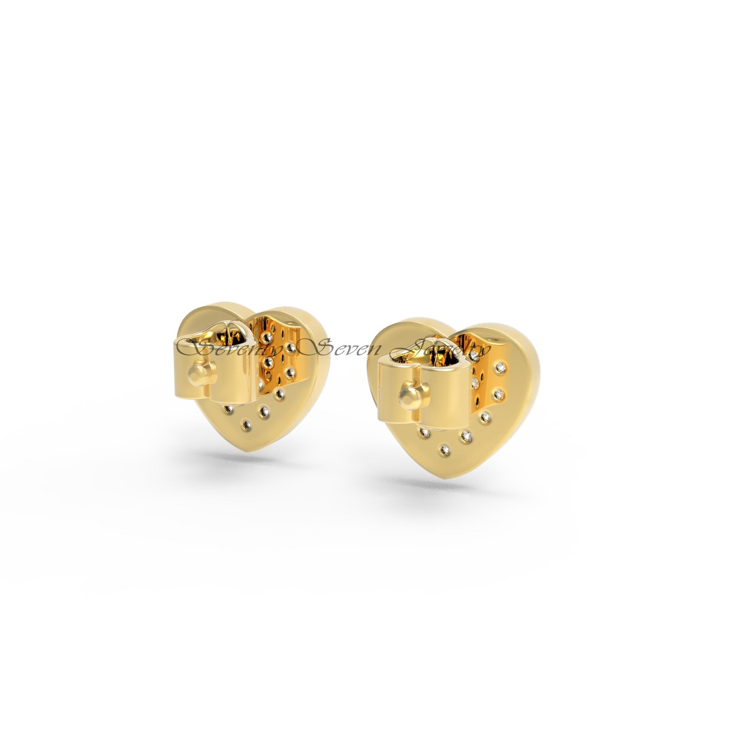 14K Gold Diamond Heart Studs: Minimalist Gemstone Earrings (6MM) - View 6 - Seventy Seven Jewelry | SKU: SSMJE307-14KYGDI-202 14K Gold Diamond Heart Studs: Minimalist Gemstone Earrings (6MM) - View 6 - Seventy Seven Jewelry | SKU: SSMJE307-14KYGDI-202