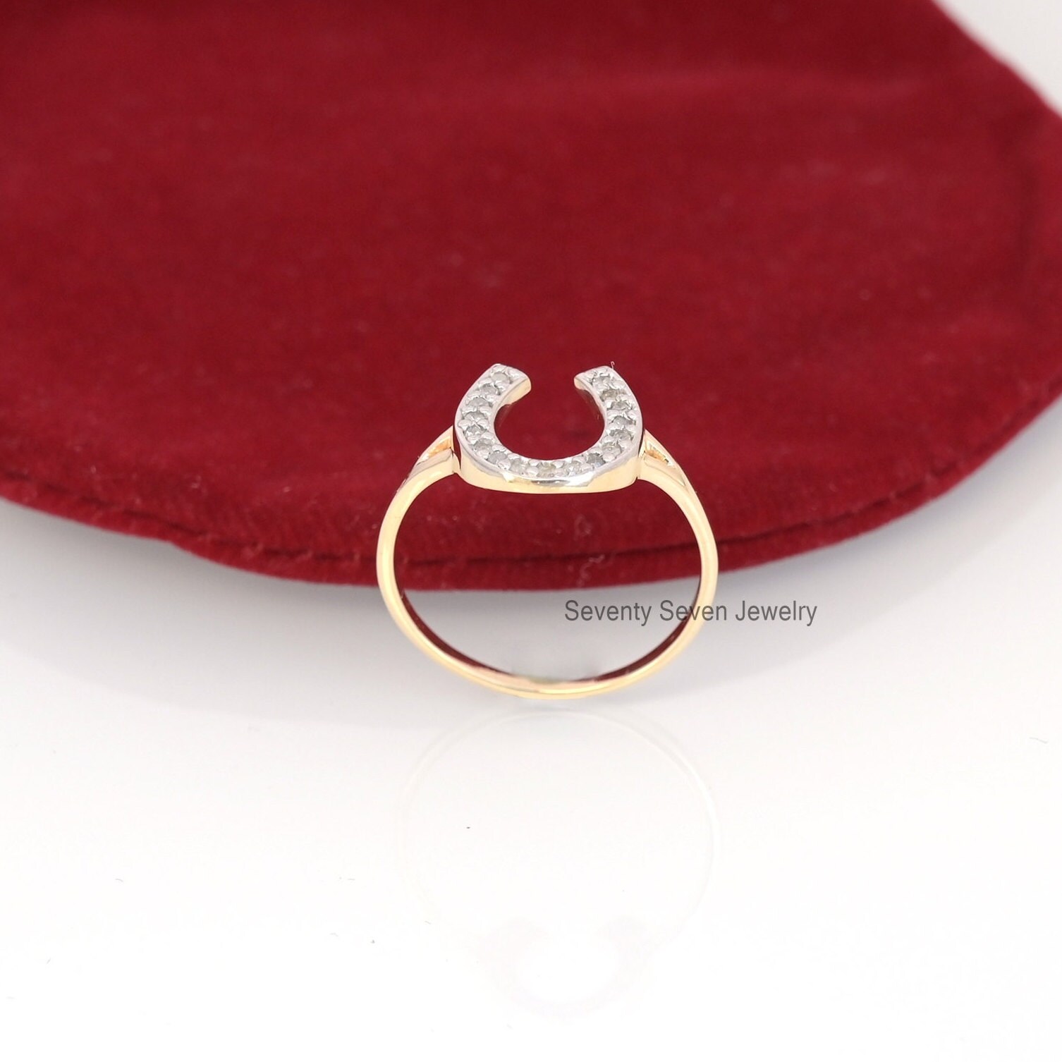 Sterling Silver Moissanite Horseshoe Ring: Lucky Vintage Style - View 3 - Seventy Seven Jewelry | SKU: SSMJR406-SLYGDI-2026 Sterling Silver Moissanite Horseshoe Ring: Lucky Vintage Style - View 3 - Seventy Seven Jewelry | SKU: SSMJR406-SLYGDI-2026