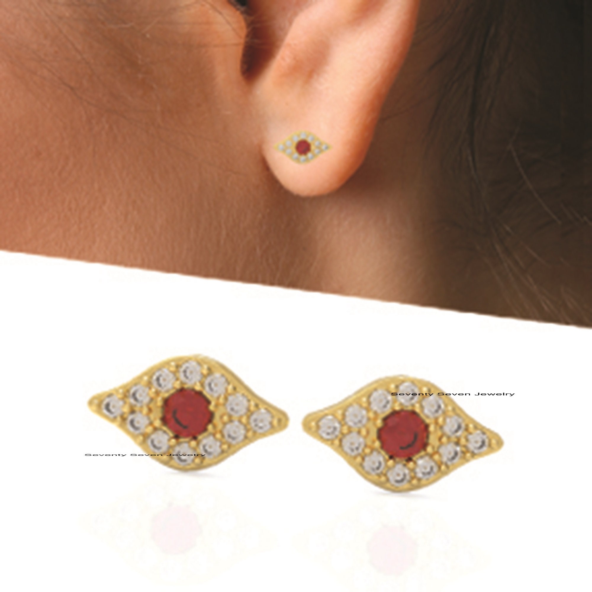 14k Gold Evil Eye Studs: Ruby & Diamond Goodluck Jewelry - View 3 - Seventy Seven Jewelry | SKU: SSMJE310-14KYGDIRU-2026 14k Gold Evil Eye Studs: Ruby & Diamond Goodluck Jewelry - View 3 - Seventy Seven Jewelry | SKU: SSMJE310-14KYGDIRU-2026