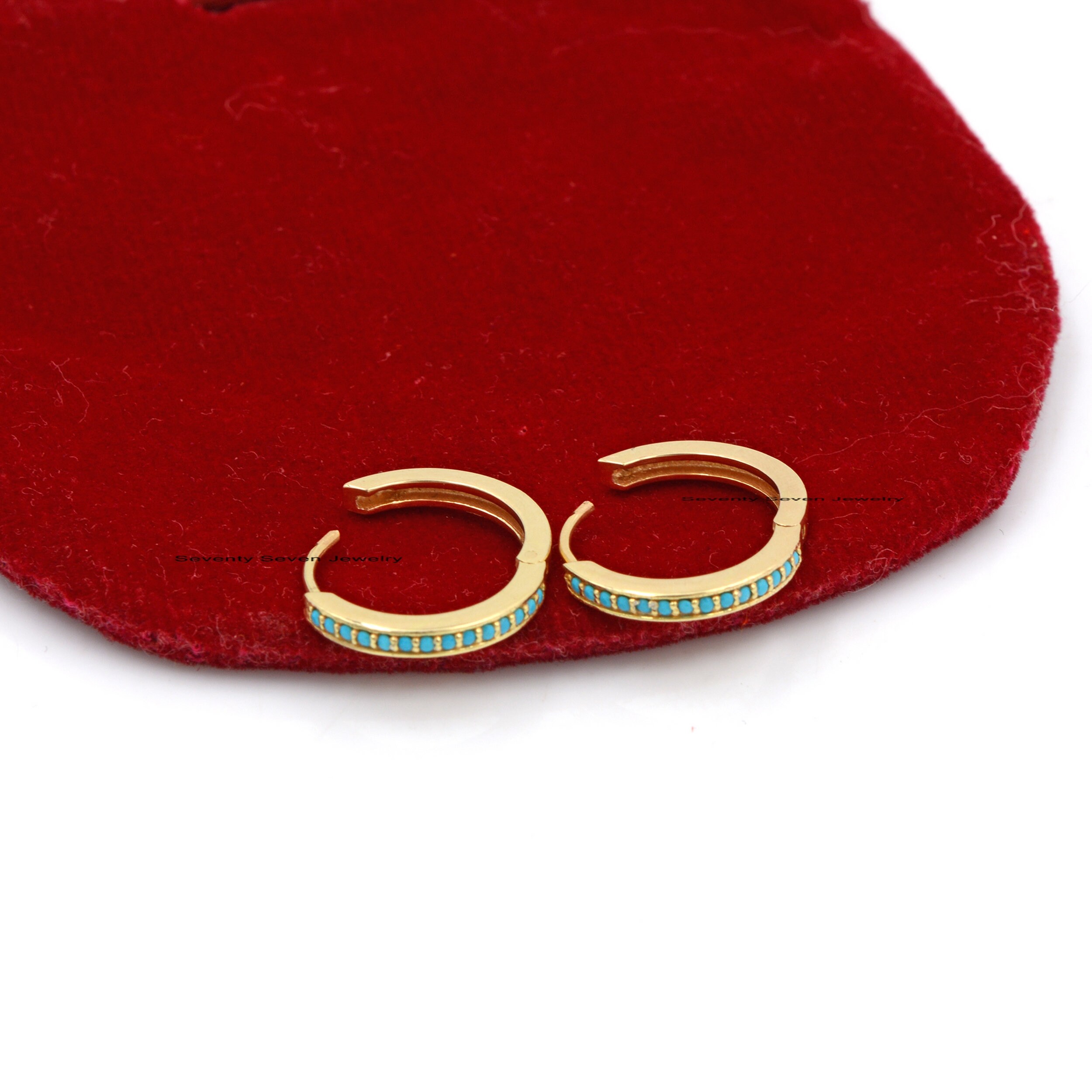 14K Gold Diamond Hoop Huggies: Turquoise Gemstone Earrings (17 MM) - View 6 - Seventy Seven Jewelry | SKU: SSMJE302-14KYGDI-2 14K Gold Diamond Hoop Huggies: Turquoise Gemstone Earrings (17 MM) - View 6 - Seventy Seven Jewelry | SKU: SSMJE302-14KYGDI-2