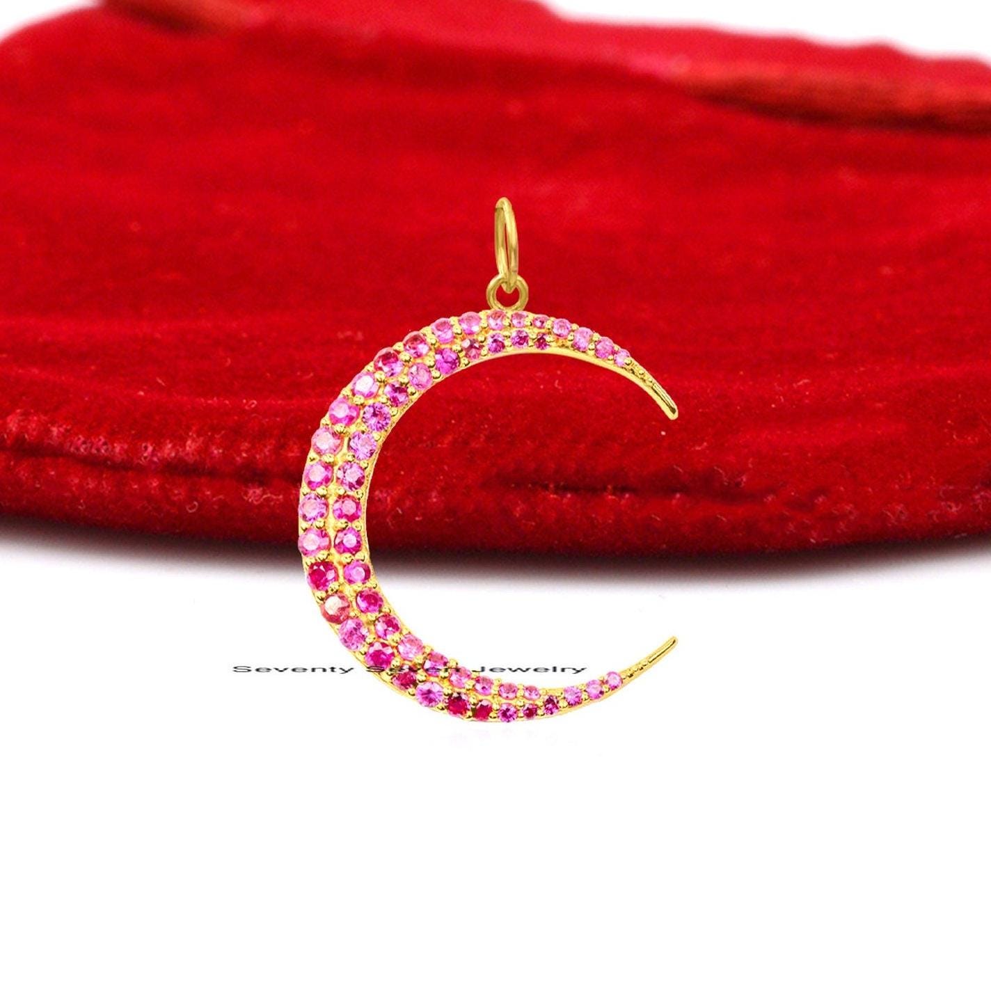 925 Silver Crescent Moon Pendant: Ruby or Diamond Charm (26 MM) - View 4 - Seventy Seven Jewelry | SKU: SSMJP1065-SLYGRU-26M- 925 Silver Crescent Moon Pendant: Ruby or Diamond Charm (26 MM) - View 4 - Seventy Seven Jewelry | SKU: SSMJP1065-SLYGRU-26M-