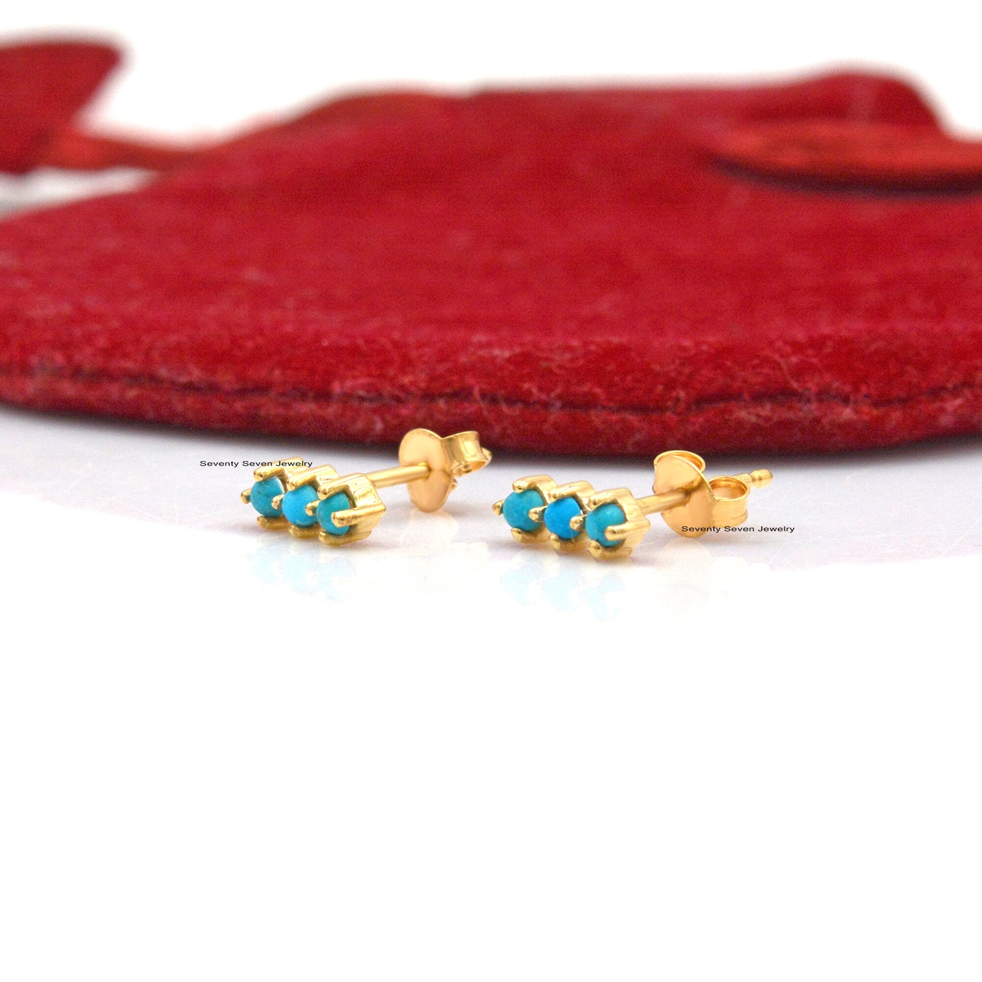 Sterling Silver Turquoise Bar Studs: Lab Diamond Earrings (7mm) - View 6 - Seventy Seven Jewelry | SKU: SSMJE947-SLYGTQ-7M-20 Sterling Silver Turquoise Bar Studs: Lab Diamond Earrings (7mm) - View 6 - Seventy Seven Jewelry | SKU: SSMJE947-SLYGTQ-7M-20