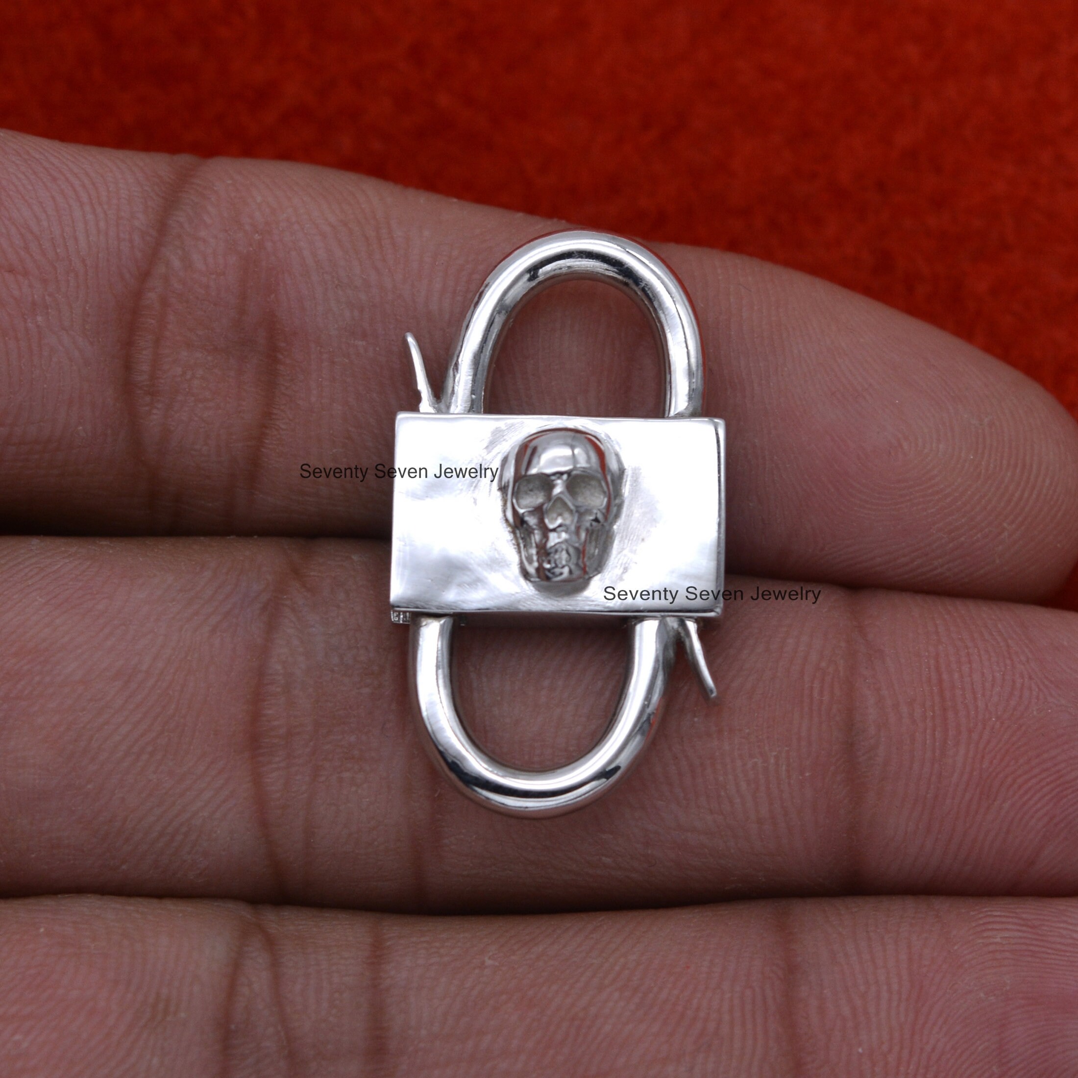 Handmade Sterling Silver Skull Padlock Connector: Halloween Jewelry - View 6 - Seventy Seven Jewelry | SKU: SSMJP31-SLWG-SKL Handmade Sterling Silver Skull Padlock Connector: Halloween Jewelry - View 6 - Seventy Seven Jewelry | SKU: SSMJP31-SLWG-SKL