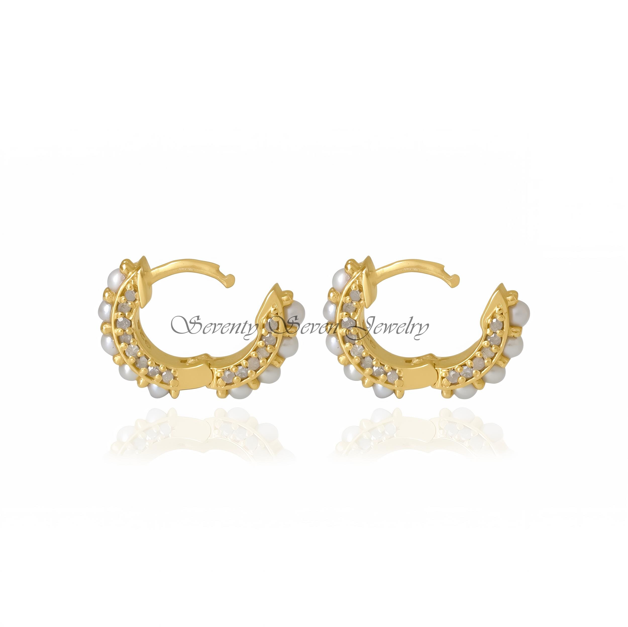 14K Gold Diamond Huggies: Pearl Hoop Earrings - View 6 - Seventy Seven Jewelry | SKU: SSMJE333-14KYGDIPL-2026 14K Gold Diamond Huggies: Pearl Hoop Earrings - View 6 - Seventy Seven Jewelry | SKU: SSMJE333-14KYGDIPL-2026