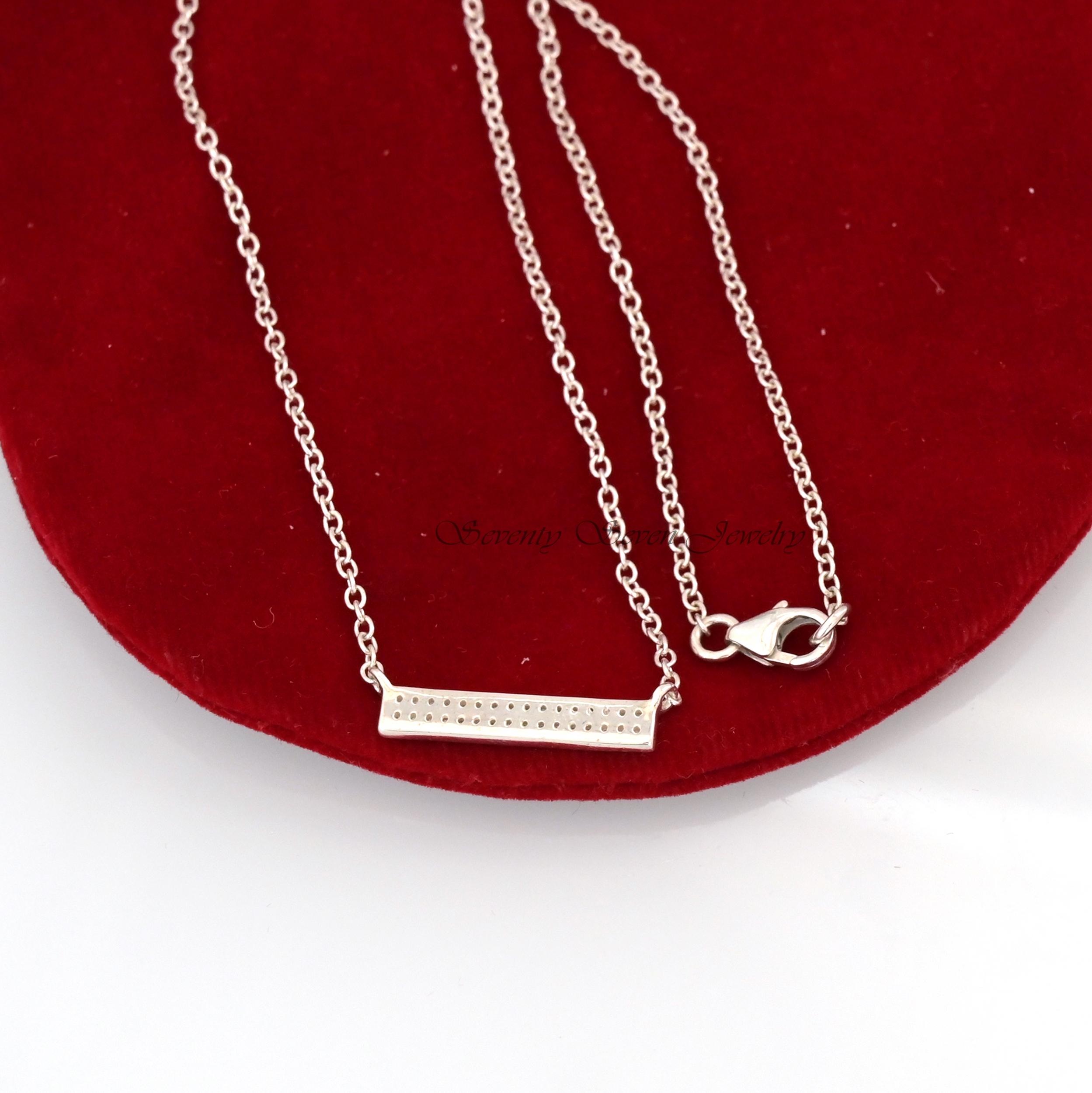 14K Gold Plated Moissanite Bar Necklace: Dainty Rectangle Charm - View 4 - Seventy Seven Jewelry | SKU: SSMJN1051-SLNSMN-14I 14K Gold Plated Moissanite Bar Necklace: Dainty Rectangle Charm - View 4 - Seventy Seven Jewelry | SKU: SSMJN1051-SLNSMN-14I
