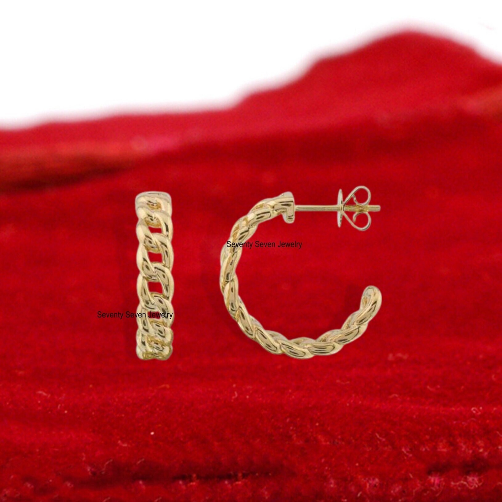 14K Gold Cuban Link Hoop Earrings: Curb Chain Studs