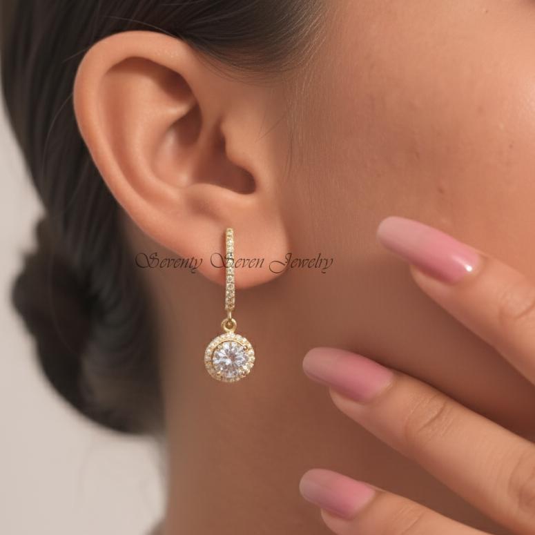 14K Gold Lab-Grown Diamond Halo Earrings | Petite Dangle Drop - View 2 - Seventy Seven Jewelry | SKU: SSMJE1500- 14K Gold Lab-Grown Diamond Halo Earrings | Petite Dangle Drop - View 2 - Seventy Seven Jewelry | SKU: SSMJE1500-