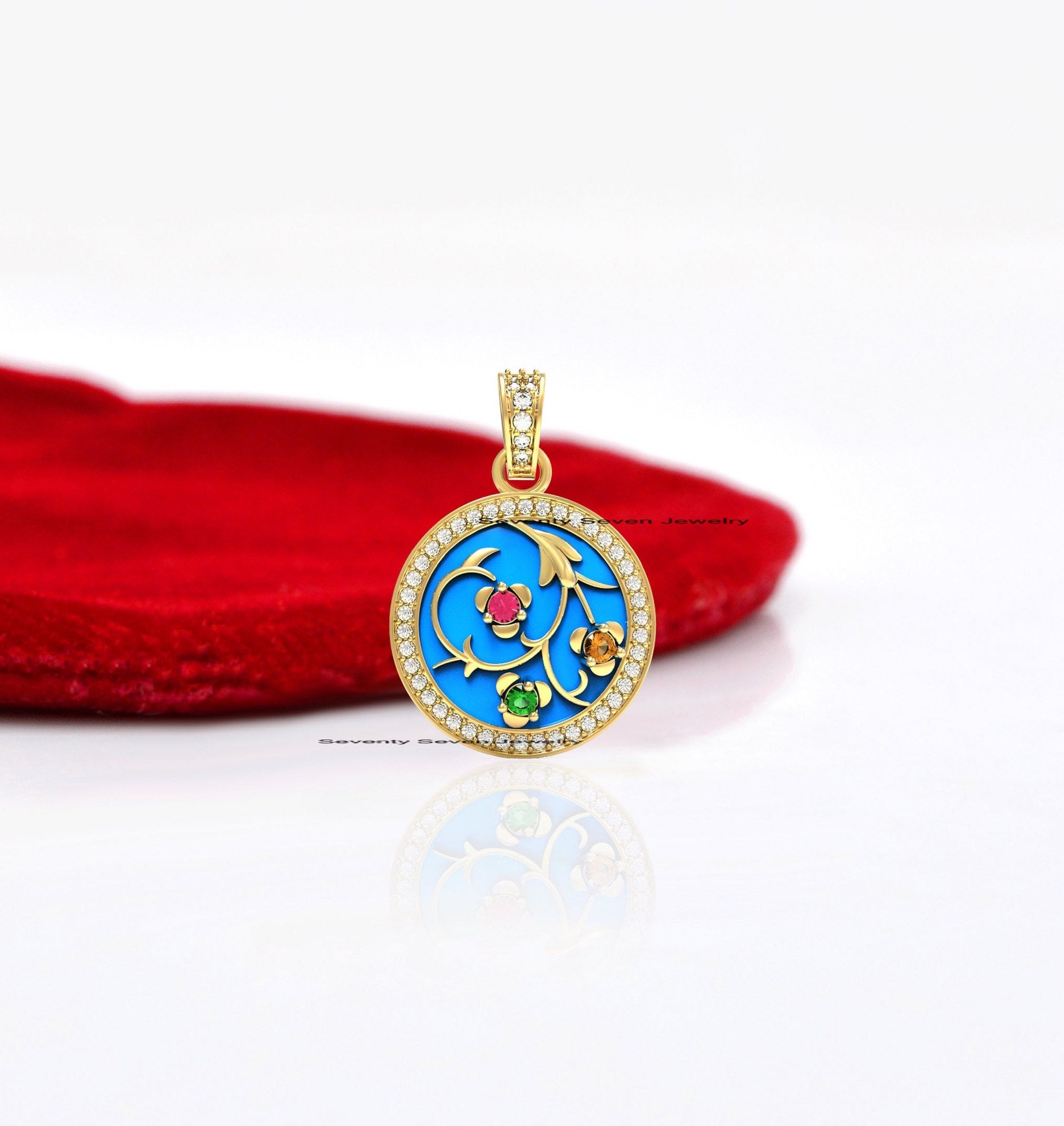 925 Silver Enamel Round Pendant: Sapphire Floral Charm - View 6 - Seventy Seven Jewelry | SKU: SSMJP257-SLRHDITLELTQ-2026 925 Silver Enamel Round Pendant: Sapphire Floral Charm - View 6 - Seventy Seven Jewelry | SKU: SSMJP257-SLRHDITLELTQ-2026