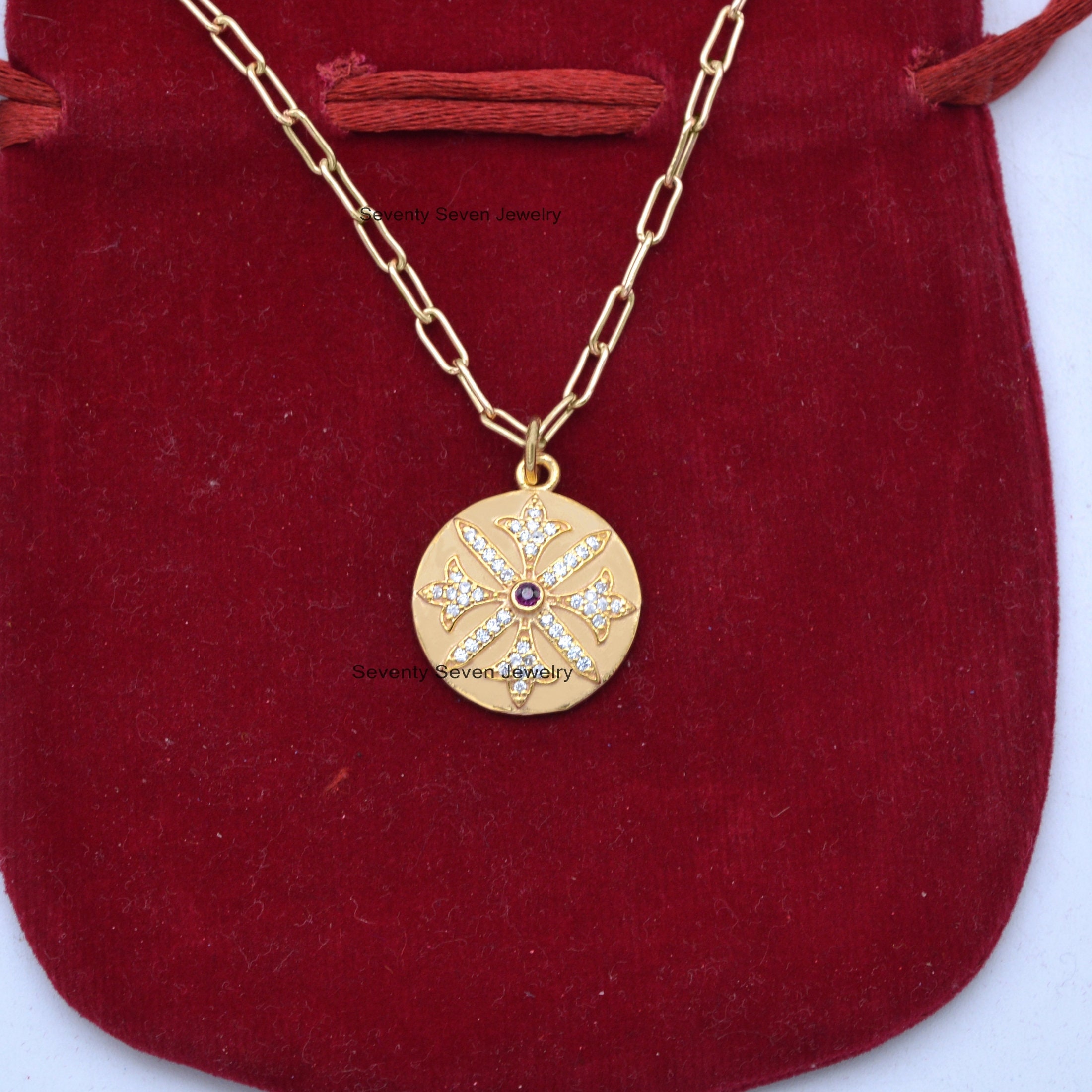 925 Silver Round Disc Pendant: CZ Pave Star Charm - View 7 - Seventy Seven Jewelry | SKU: SSMJP429-SLYGCZP-2026