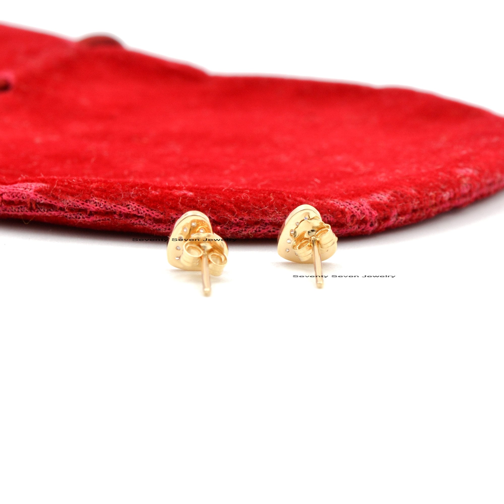 14K Gold Diamond Heart Studs: Minimalist Gemstone Earrings (6MM) - View 4 - Seventy Seven Jewelry | SKU: SSMJE307-14KYGDI-202 14K Gold Diamond Heart Studs: Minimalist Gemstone Earrings (6MM) - View 4 - Seventy Seven Jewelry | SKU: SSMJE307-14KYGDI-202