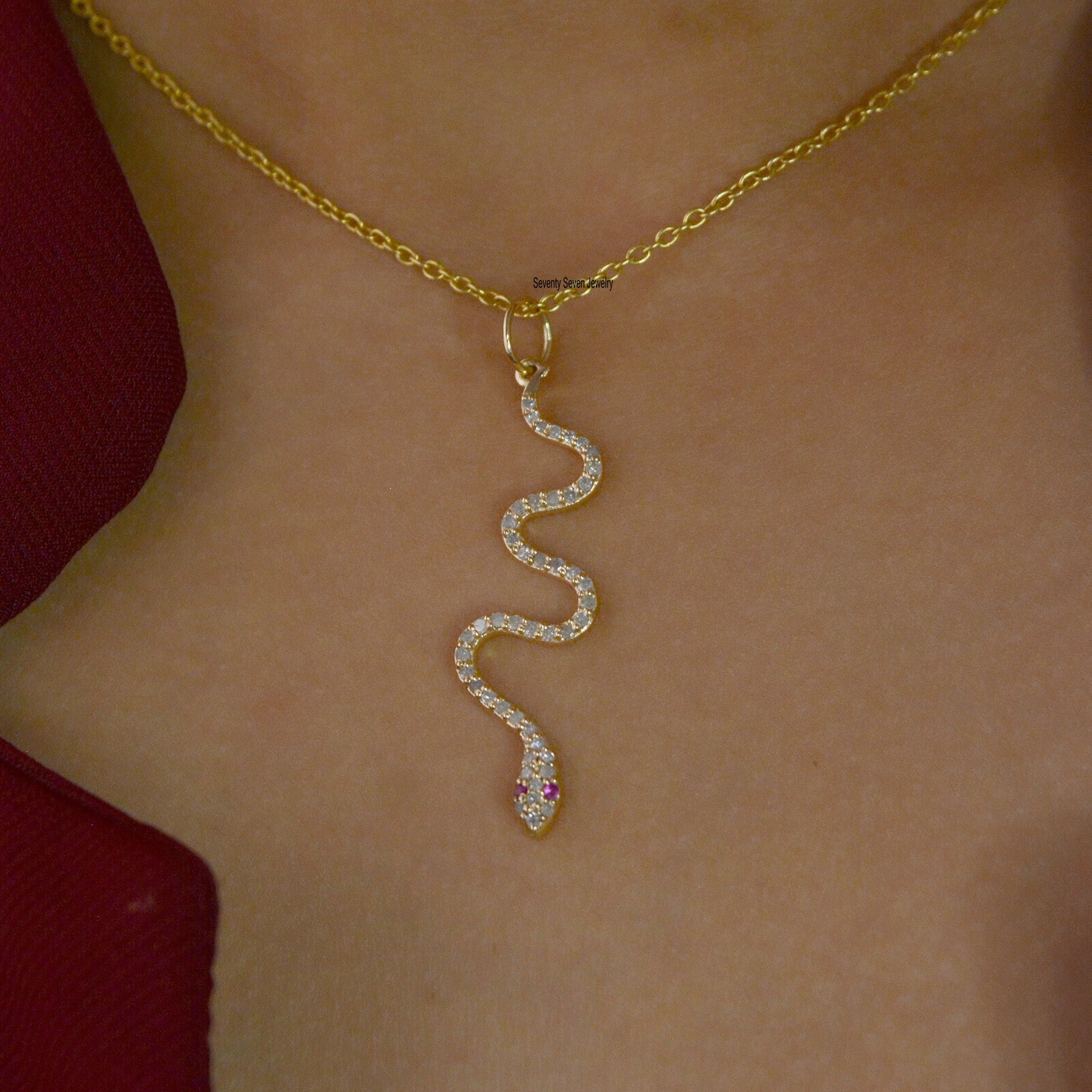 925 Silver Diamond & Ruby Snake Pendant: Rolo Chain Necklace - View 3 - Seventy Seven Jewelry | SKU: SSMJP64-SLYGDIRU-N32-16I 925 Silver Diamond & Ruby Snake Pendant: Rolo Chain Necklace - View 3 - Seventy Seven Jewelry | SKU: SSMJP64-SLYGDIRU-N32-16I