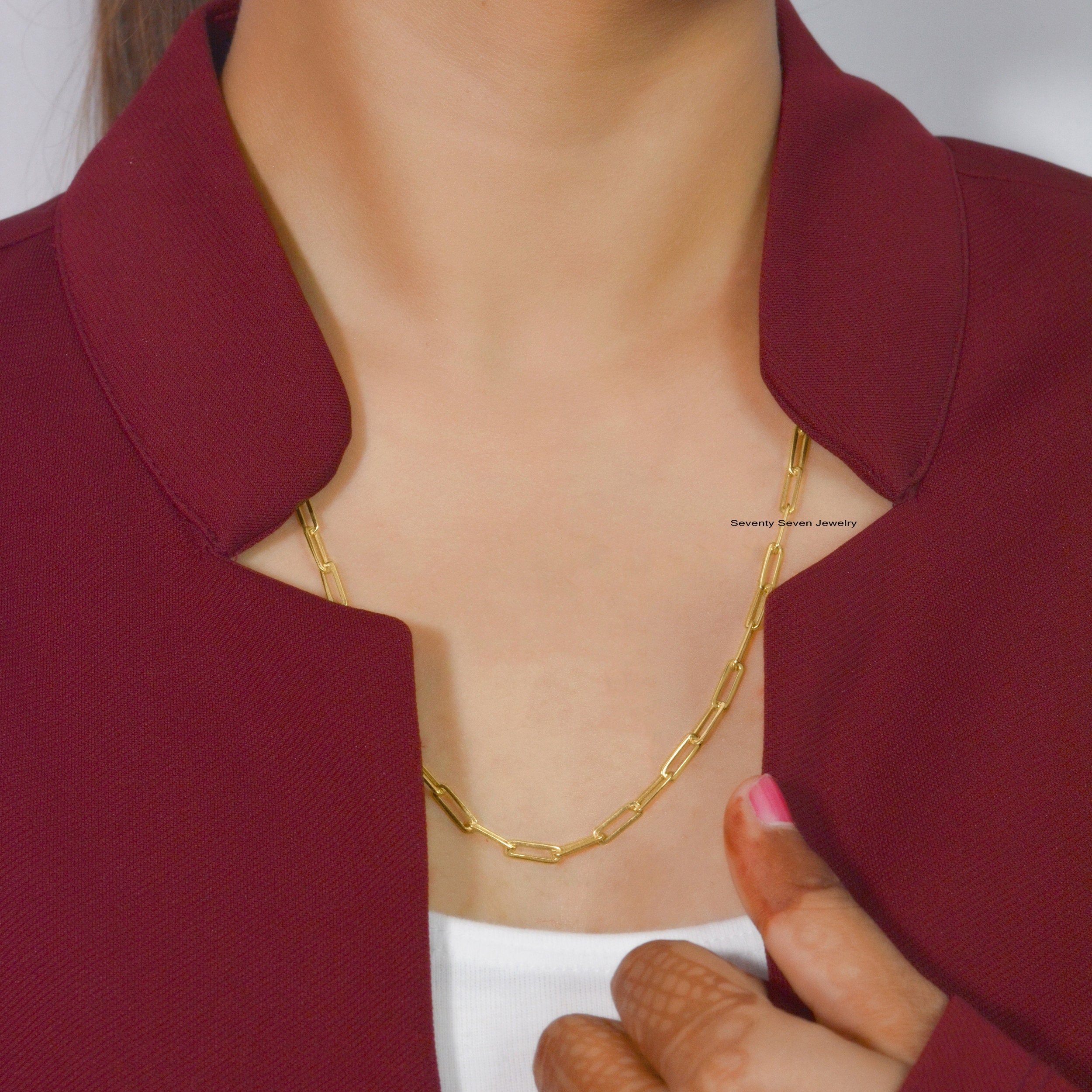 14k Gold Paperclip Chain Necklace: Rectangle Link, Adjustable Length - Seventy Seven Jewelry | SKU: SSG1-14KYG-12M-18I-As/Jun 14k Gold Paperclip Chain Necklace: Rectangle Link, Adjustable Length - Seventy Seven Jewelry | SKU: SSG1-14KYG-12M-18I-As/Jun