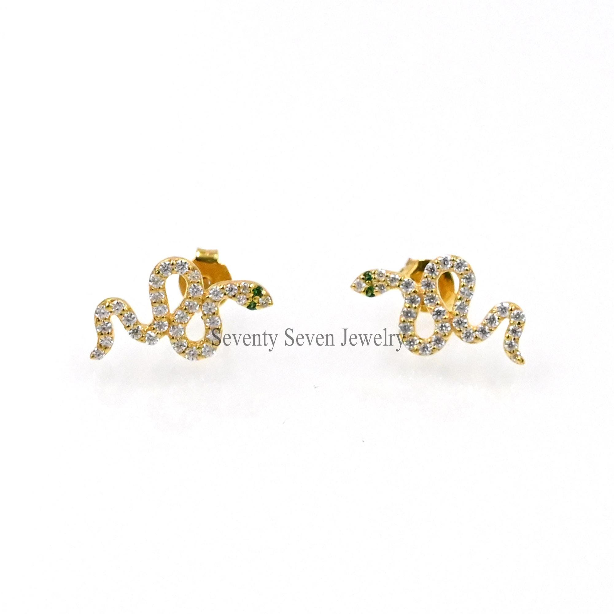 14k Gold Diamond Snake Studs: Dainty Serpent Earrings - View 5 - Seventy Seven Jewelry | SKU: SSMJE341-14KYGDIRU-2026 14k Gold Diamond Snake Studs: Dainty Serpent Earrings - View 5 - Seventy Seven Jewelry | SKU: SSMJE341-14KYGDIRU-2026