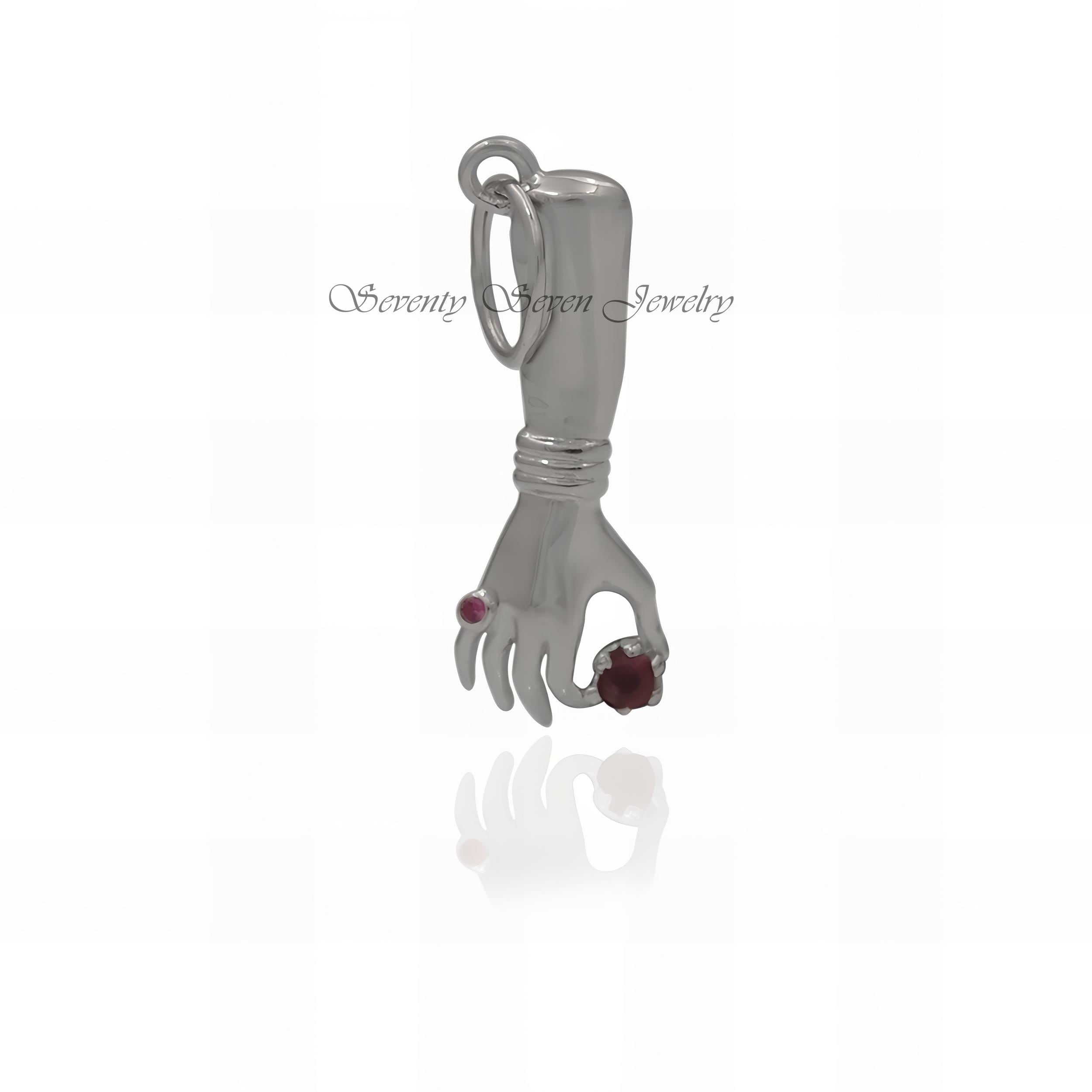 Sterling Silver Figa Hand Necklace: Ruby Gemstone Pendant - Seventy Seven Jewelry | SKU: SSMJP517-N41-SLWGRU-2026 Sterling Silver Figa Hand Necklace: Ruby Gemstone Pendant - Seventy Seven Jewelry | SKU: SSMJP517-N41-SLWGRU-2026