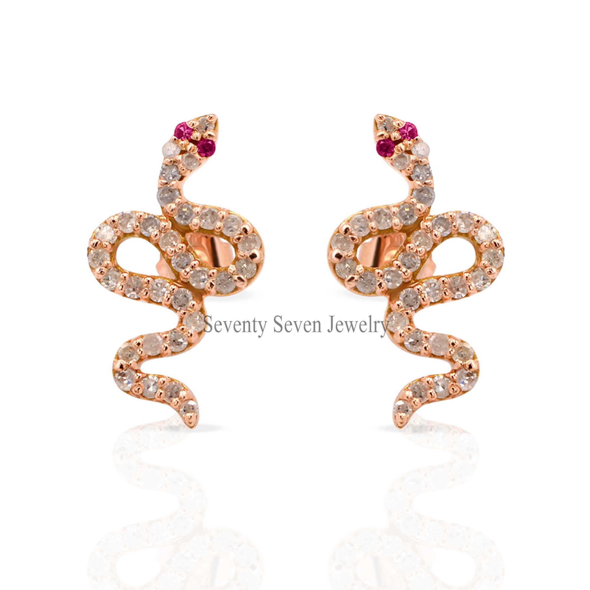 14k Gold Diamond Snake Studs: Dainty Serpent Earrings - View 4 - Seventy Seven Jewelry | SKU: SSMJE341-14KYGDIRU-2026 14k Gold Diamond Snake Studs: Dainty Serpent Earrings - View 4 - Seventy Seven Jewelry | SKU: SSMJE341-14KYGDIRU-2026