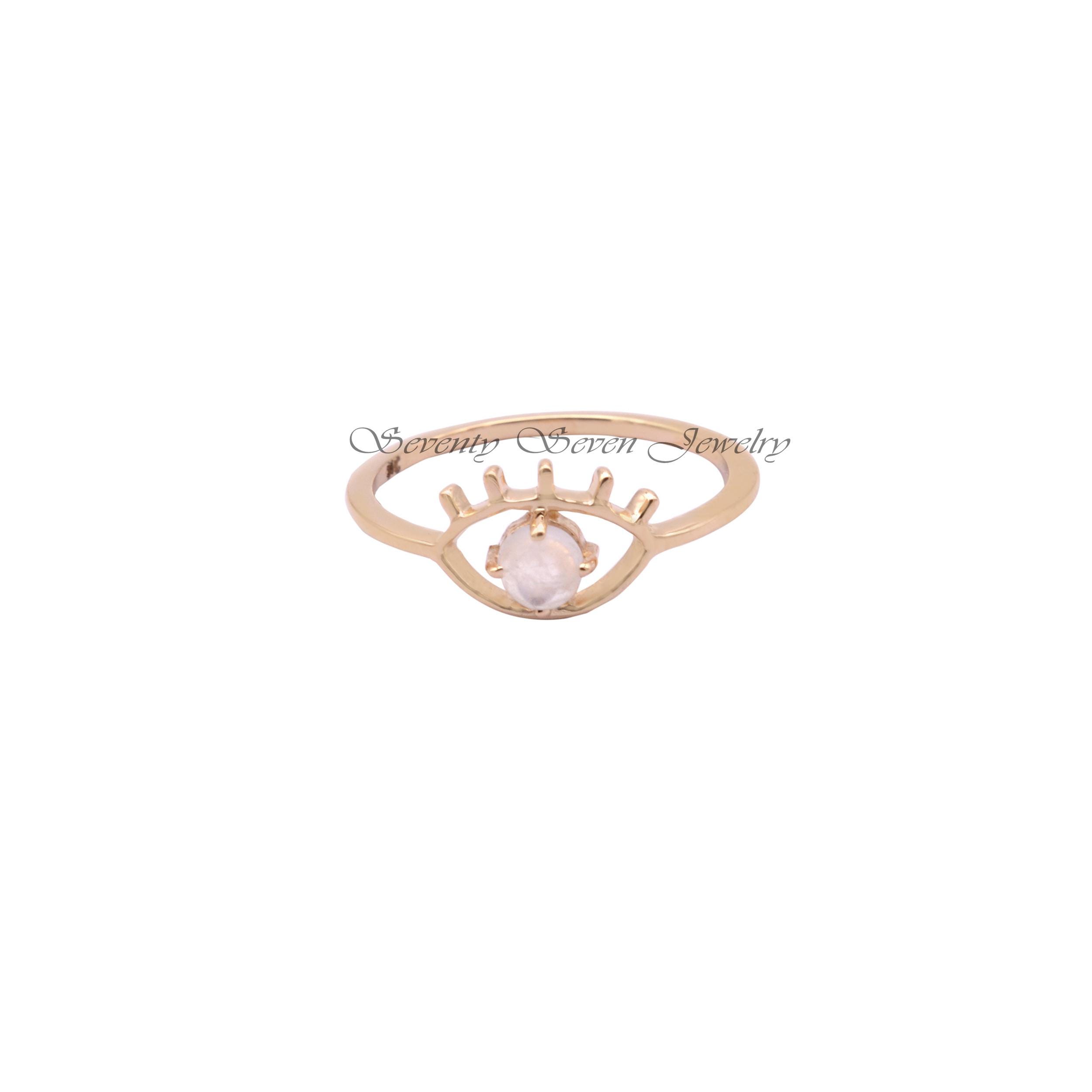 9K Gold Moonstone Evil Eye Ring: Gemstone Band - View 3 - Seventy Seven Jewelry | SKU: SSMJR348-9KYGRM-2026 9K Gold Moonstone Evil Eye Ring: Gemstone Band - View 3 - Seventy Seven Jewelry | SKU: SSMJR348-9KYGRM-2026