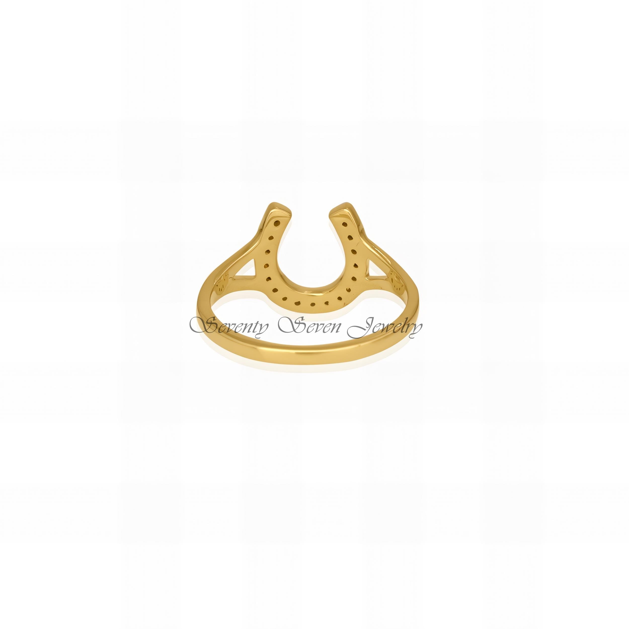 14K Gold Diamond Horseshoe Ring: Lucky Vintage Style - View 6 - Seventy Seven Jewelry | SKU: SSMJR406-14KYGWGDI-2026 14K Gold Diamond Horseshoe Ring: Lucky Vintage Style - View 6 - Seventy Seven Jewelry | SKU: SSMJR406-14KYGWGDI-2026
