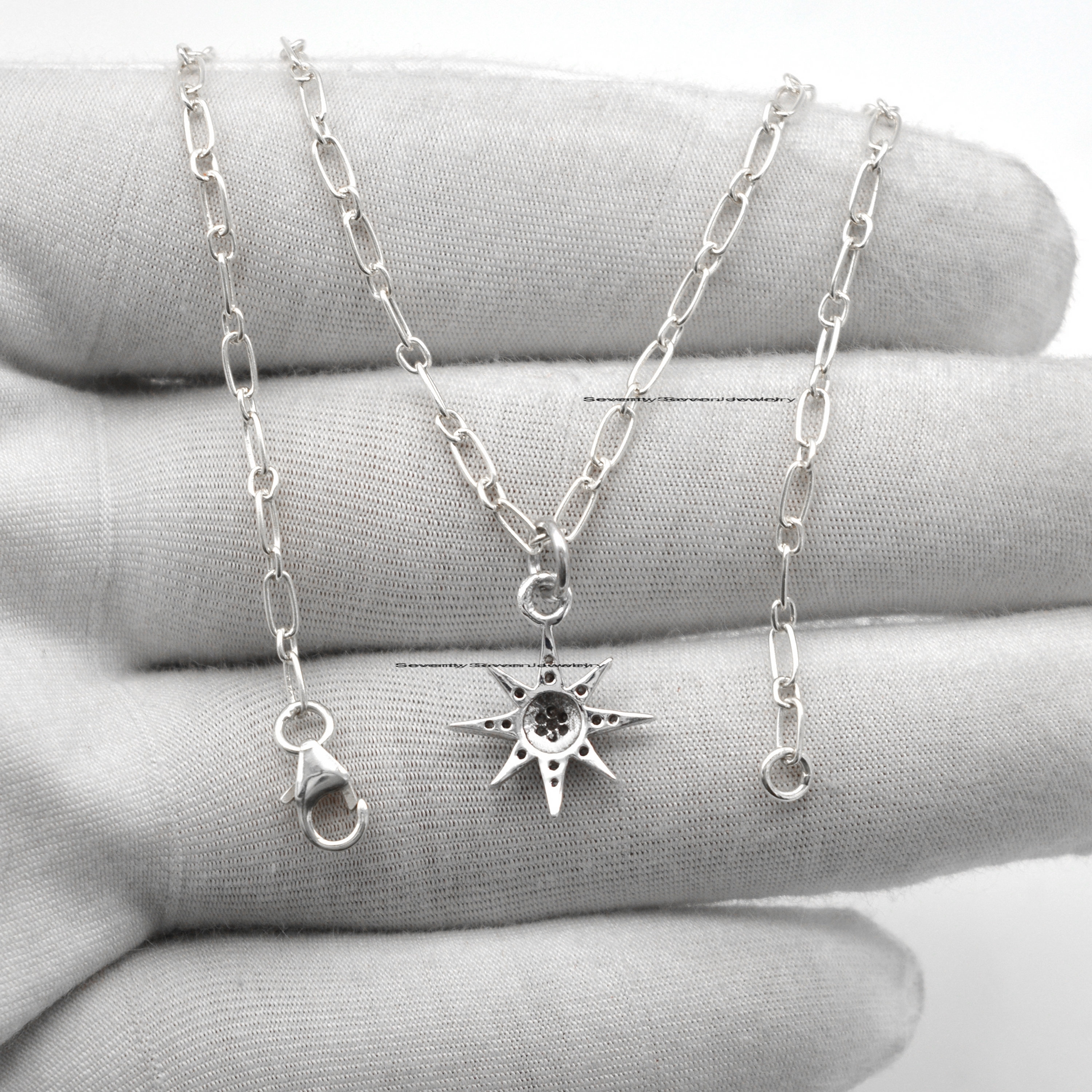925 Silver Diamond Starburst Pendant Necklace: Christmas Jewelry - View 7 - Seventy Seven Jewelry | SKU: SSMJP08-SLWGDI-N36-2 925 Silver Diamond Starburst Pendant Necklace: Christmas Jewelry - View 7 - Seventy Seven Jewelry | SKU: SSMJP08-SLWGDI-N36-2
