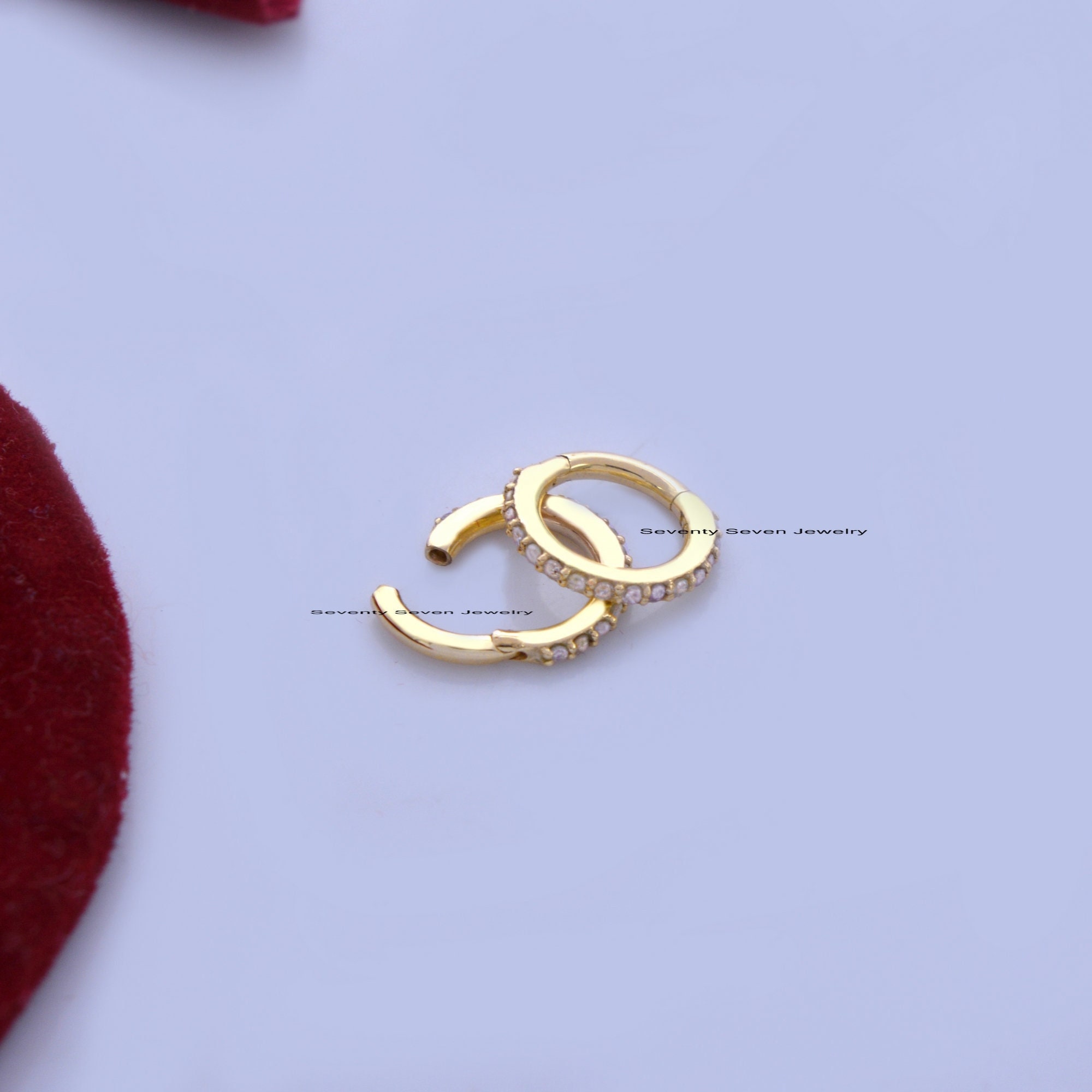 9k Gold Diamond Huggies: Minimalist Pave Hoop Earrings - View 4 - Seventy Seven Jewelry | SKU: SSMJE05-9KYGDI-2026 9k Gold Diamond Huggies: Minimalist Pave Hoop Earrings - View 4 - Seventy Seven Jewelry | SKU: SSMJE05-9KYGDI-2026
