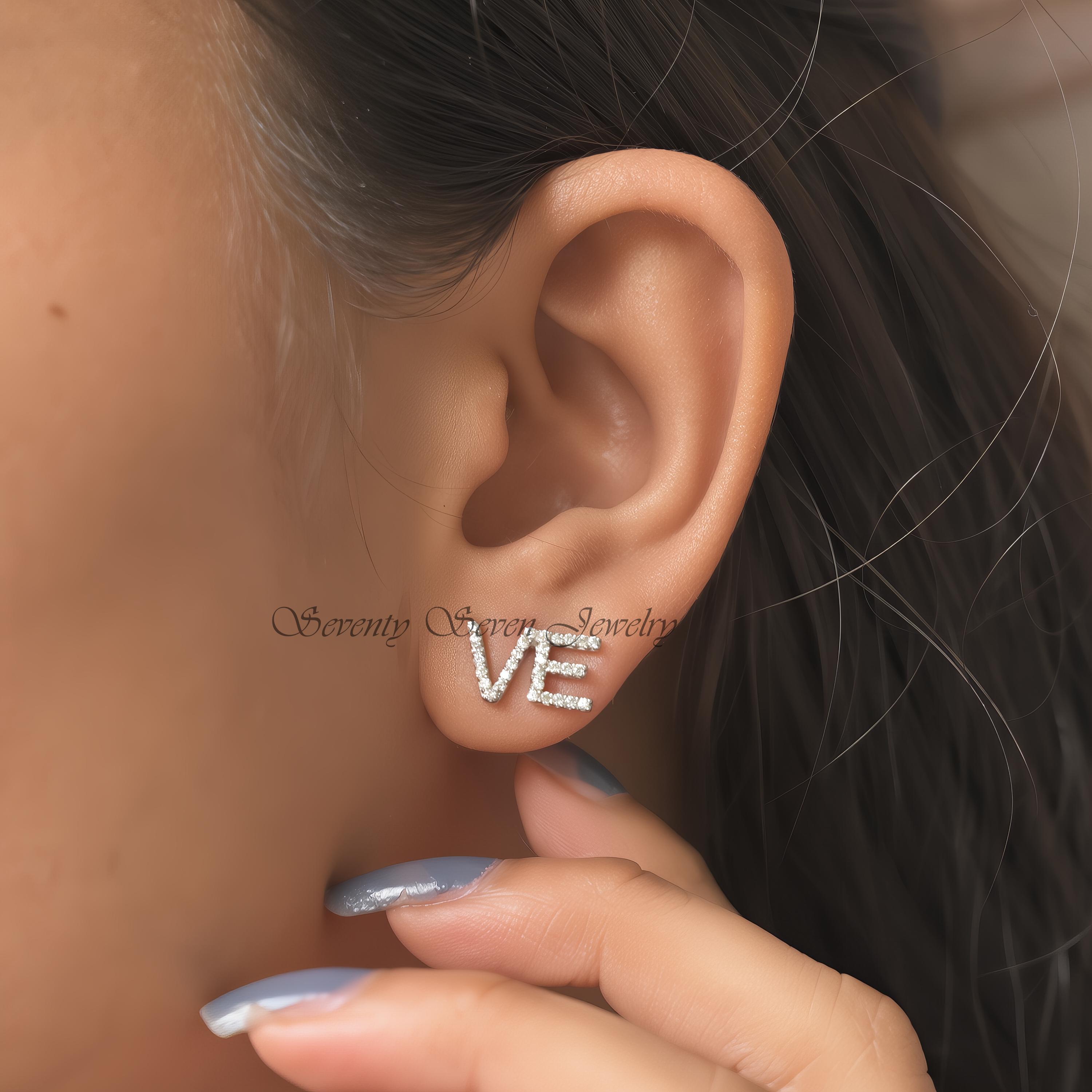 14K Gold Lab-Grown Diamond LOVE Stud Earrings | 10mm Sparkling Studs for Everyday - View 4 - Seventy Seven Jewelry | SKU: SSM 14K Gold Lab-Grown Diamond LOVE Stud Earrings | 10mm Sparkling Studs for Everyday - View 4 - Seventy Seven Jewelry | SKU: SSM