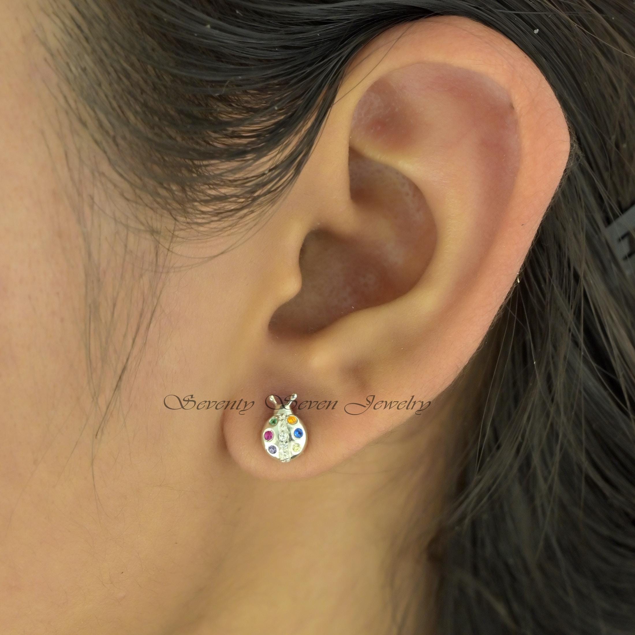 925 Silver Ladybug Stud Earrings: Multi-Color Gemstone Bug Jewelry - View 6 - Seventy Seven Jewelry | SKU: SSMJE1063-SLNSMTCS 925 Silver Ladybug Stud Earrings: Multi-Color Gemstone Bug Jewelry - View 6 - Seventy Seven Jewelry | SKU: SSMJE1063-SLNSMTCS