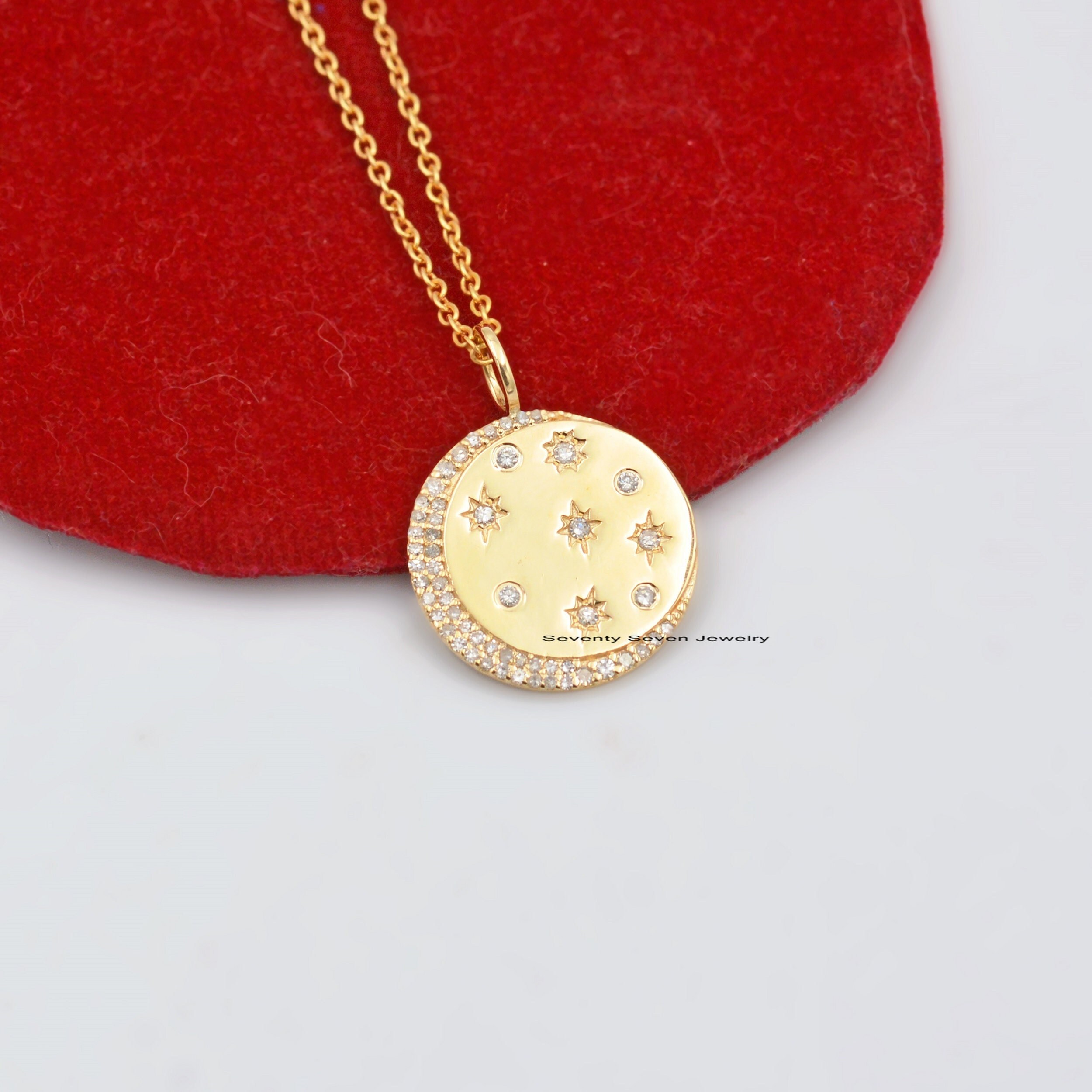Diamond Star Moon Pendant: 925 Silver Celestial Disc Charm - View 2 - Seventy Seven Jewelry | SKU: SSMJP696-SLYGDI-2026 Diamond Star Moon Pendant: 925 Silver Celestial Disc Charm - View 2 - Seventy Seven Jewelry | SKU: SSMJP696-SLYGDI-2026