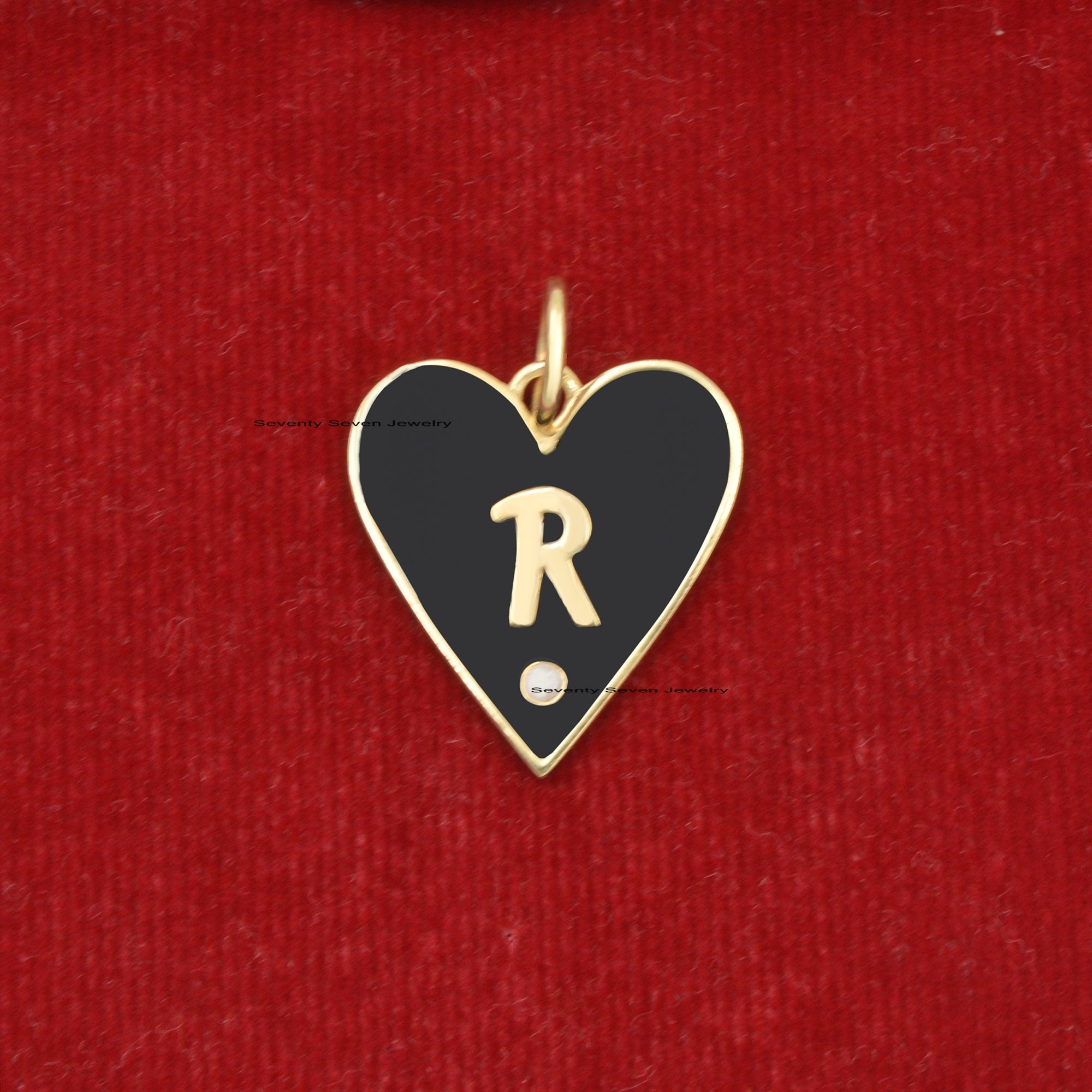 14k Gold Enamel Heart Pendant: Diamond Alphabet Charm - View 7 - Seventy Seven Jewelry | SKU: SSMJP500-14KYGBKELDI-2026 14k Gold Enamel Heart Pendant: Diamond Alphabet Charm - View 7 - Seventy Seven Jewelry | SKU: SSMJP500-14KYGBKELDI-2026