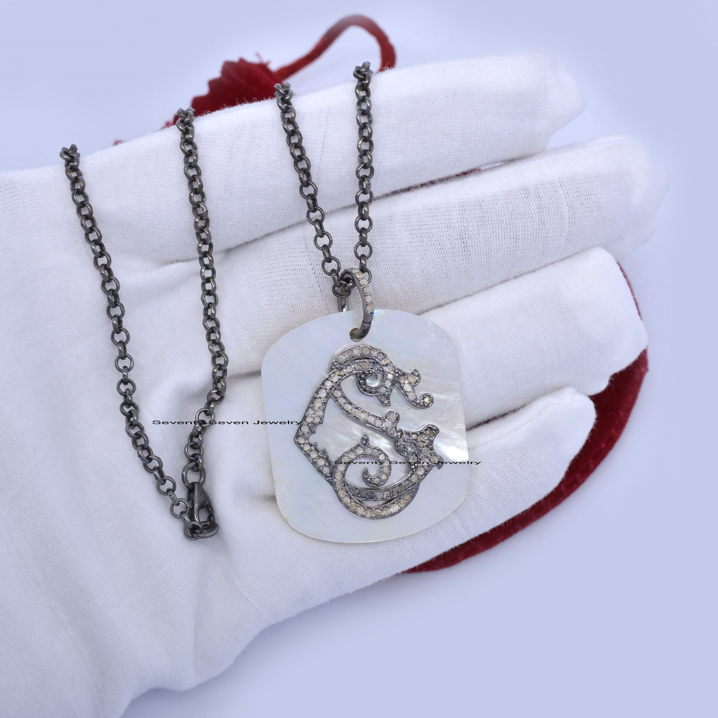 925 Silver Monogram Dog Tag Pendant: Mother of Pearl Initial Necklace - View 7 - Seventy Seven Jewelry | SKU: SSMJP631-SLRHMO 925 Silver Monogram Dog Tag Pendant: Mother of Pearl Initial Necklace - View 7 - Seventy Seven Jewelry | SKU: SSMJP631-SLRHMO