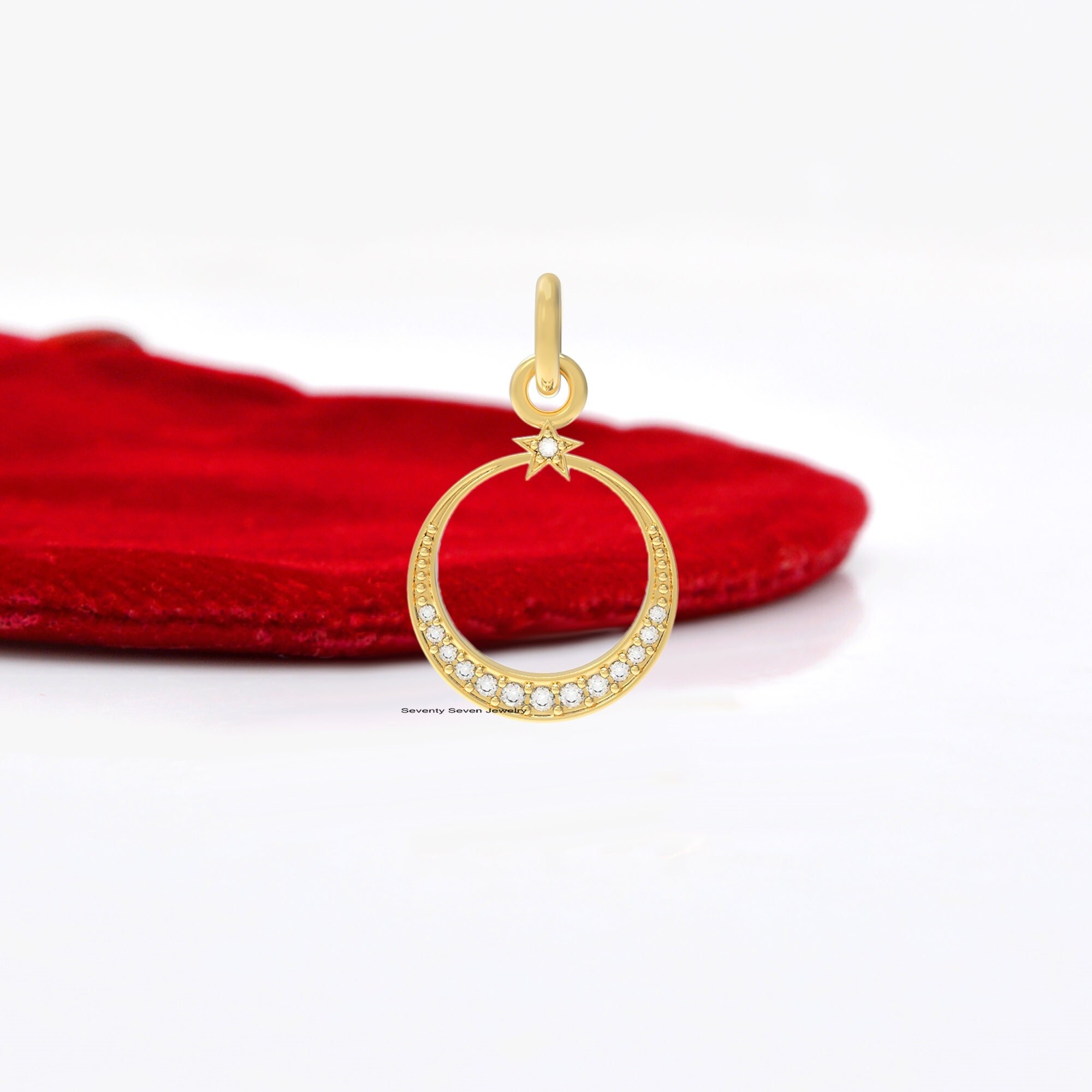 14K Gold Diamond Moon Star Pendant: Dainty Celestial Charm - View 3 - Seventy Seven Jewelry | SKU: SSMJP618-14KYGDI-2026 14K Gold Diamond Moon Star Pendant: Dainty Celestial Charm - View 3 - Seventy Seven Jewelry | SKU: SSMJP618-14KYGDI-2026