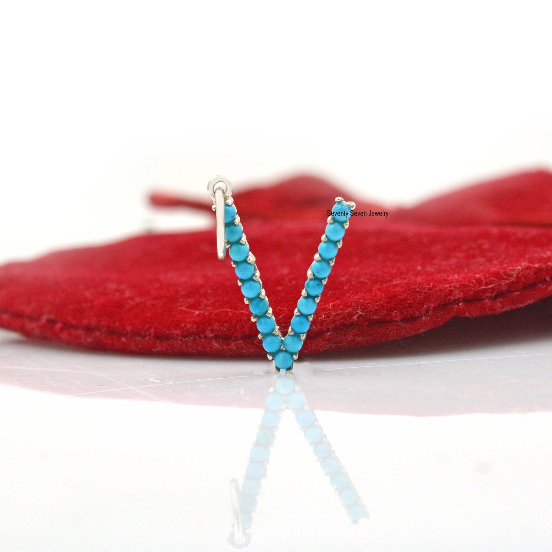 Turquoise Initial Pendant: 925 Silver Gemstone Letter Charm - View 2 - Seventy Seven Jewelry | SKU: SSMJP87-SLNSTQ-N-2026 Turquoise Initial Pendant: 925 Silver Gemstone Letter Charm - View 2 - Seventy Seven Jewelry | SKU: SSMJP87-SLNSTQ-N-2026