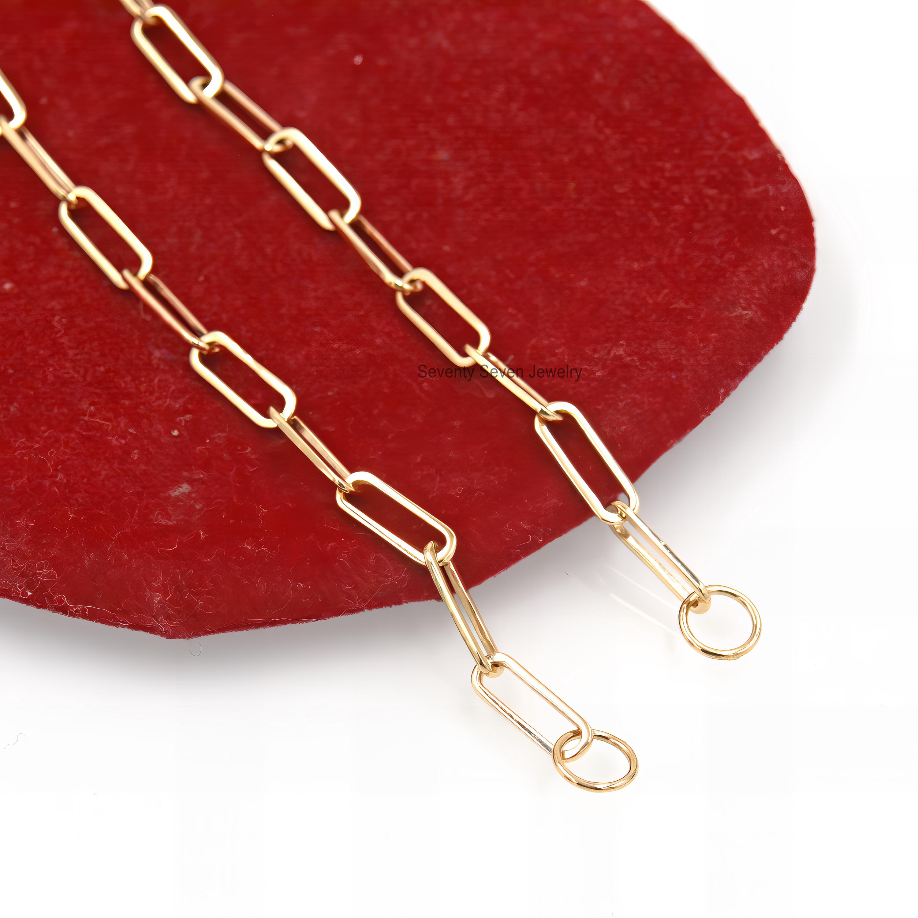 14k Gold Paperclip Chain Necklace: Rectangle Link, Adjustable Length - View 3 - Seventy Seven Jewelry | SKU: SSG1-14KYG-12M-1 14k Gold Paperclip Chain Necklace: Rectangle Link, Adjustable Length - View 3 - Seventy Seven Jewelry | SKU: SSG1-14KYG-12M-1