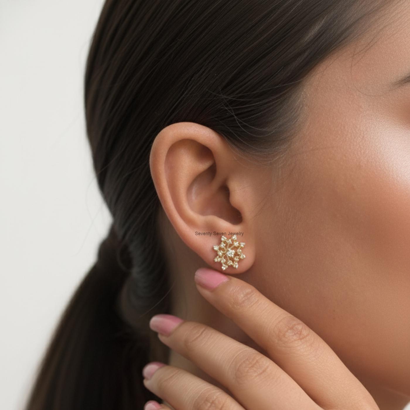 14K Gold Snowflake Lab Diamond Stud Earrings, 10MM - View 6 - Seventy Seven Jewelry | SKU: SSMJE1078- 14K Gold Snowflake Lab Diamond Stud Earrings, 10MM - View 6 - Seventy Seven Jewelry | SKU: SSMJE1078-