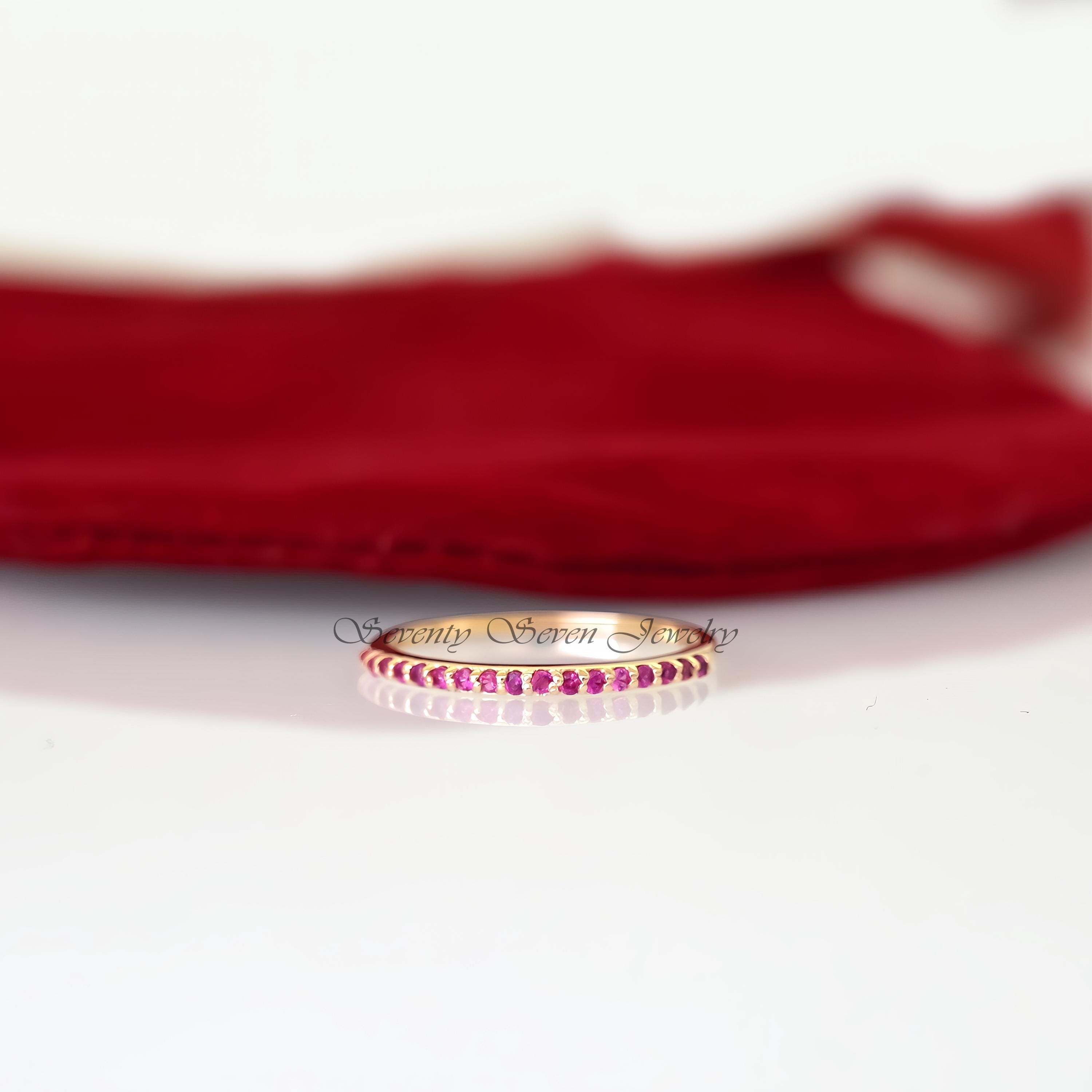 14K Gold Ruby Half Eternity Ring: Dainty Stacking Band - Seventy Seven Jewelry | SKU: SSMJR51-14KRGRU-2026 14K Gold Ruby Half Eternity Ring: Dainty Stacking Band - Seventy Seven Jewelry | SKU: SSMJR51-14KRGRU-2026