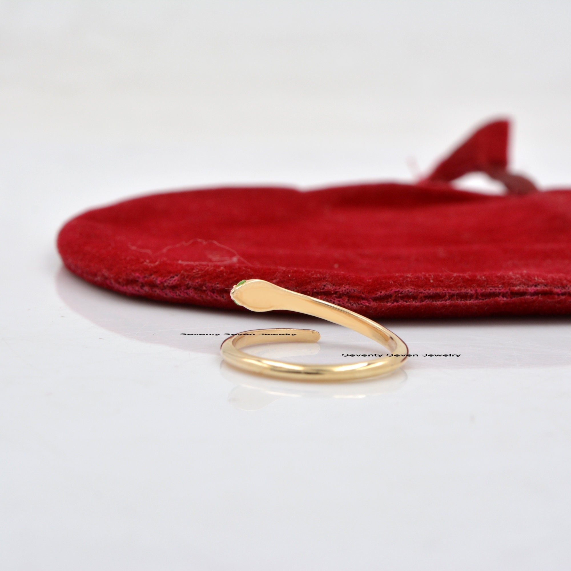 9k Gold Emerald Snake Ring: Dainty Serpent Stacking Band - View 6 - Seventy Seven Jewelry | SKU: SSMJR03-9KYGDI-2026 9k Gold Emerald Snake Ring: Dainty Serpent Stacking Band - View 6 - Seventy Seven Jewelry | SKU: SSMJR03-9KYGDI-2026