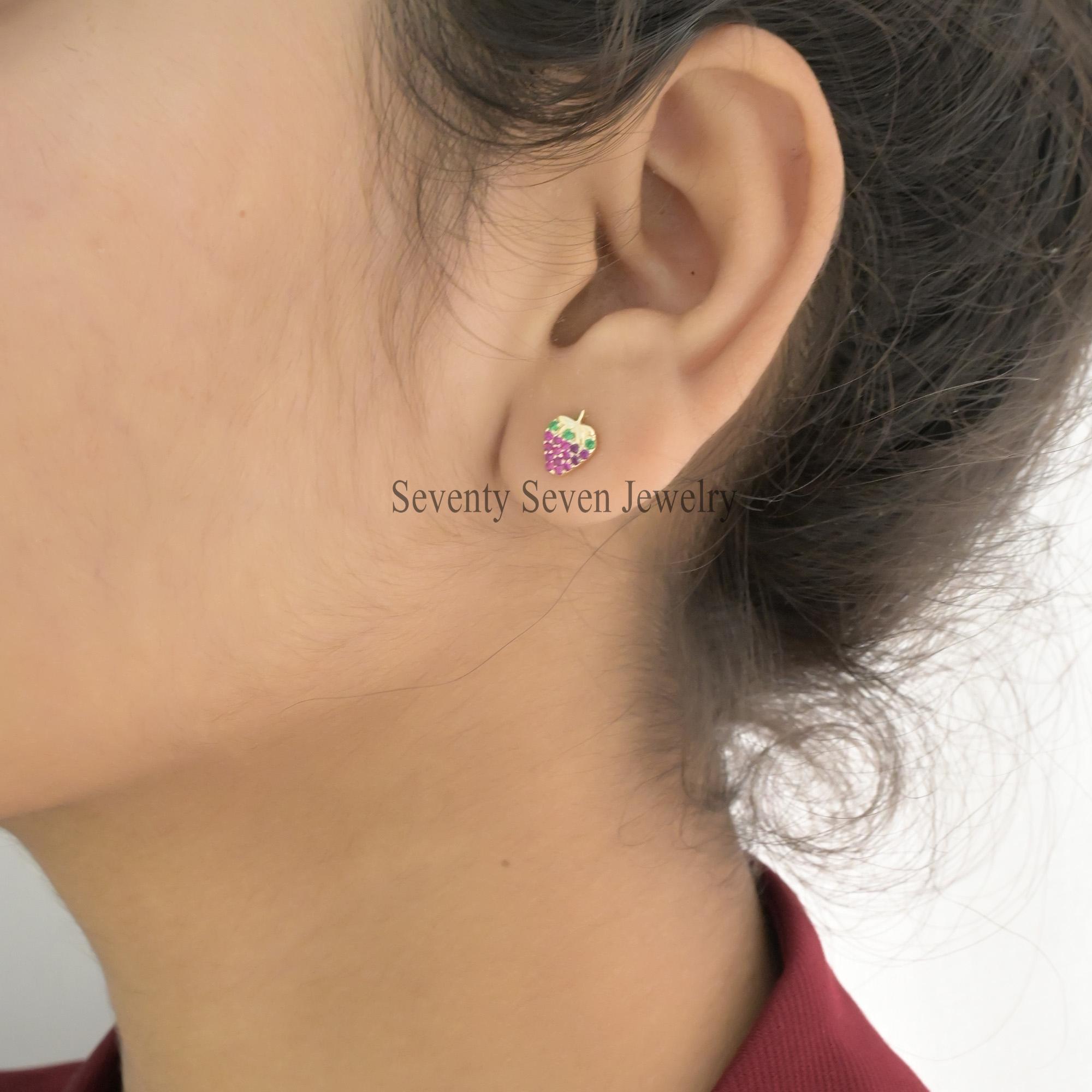 14k Gold Strawberry Studs: Ruby & Emerald Berry Earrings - View 2 - Seventy Seven Jewelry | SKU: SSMJE892-14KYGEMRU-2026 14k Gold Strawberry Studs: Ruby & Emerald Berry Earrings - View 2 - Seventy Seven Jewelry | SKU: SSMJE892-14KYGEMRU-2026