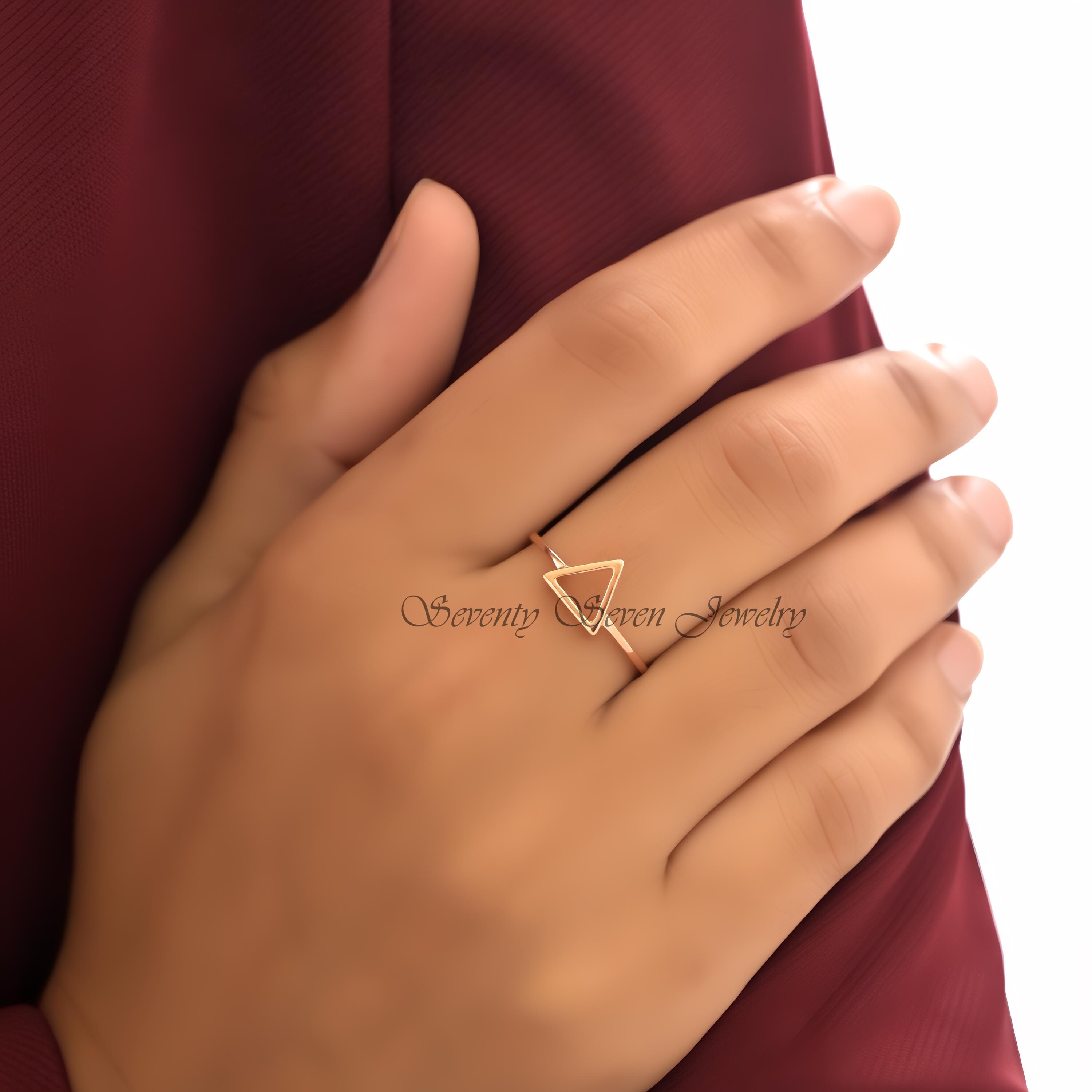 14k Solid Gold Triangle Ring: Geometric Boho Jewelry - View 4 - Seventy Seven Jewelry | SKU: SSMJR09-14KYG-2026 14k Solid Gold Triangle Ring: Geometric Boho Jewelry - View 4 - Seventy Seven Jewelry | SKU: SSMJR09-14KYG-2026