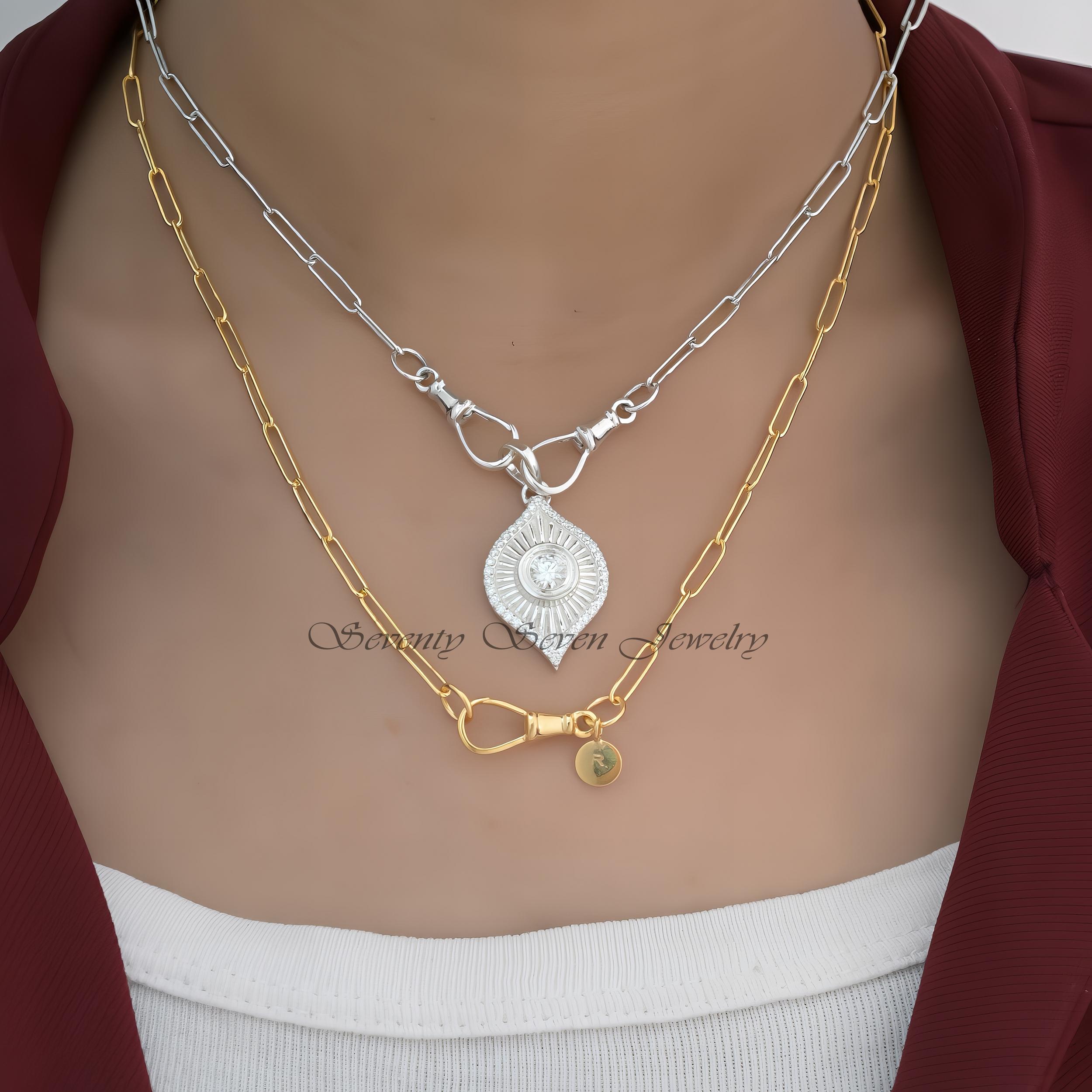 925 Silver Paperclip Chain Necklace: Swivel Push Lock Layer - View 2 - Seventy Seven Jewelry | SKU: SSG2-SLYG-11M-16I-F214-F9 925 Silver Paperclip Chain Necklace: Swivel Push Lock Layer - View 2 - Seventy Seven Jewelry | SKU: SSG2-SLYG-11M-16I-F214-F9